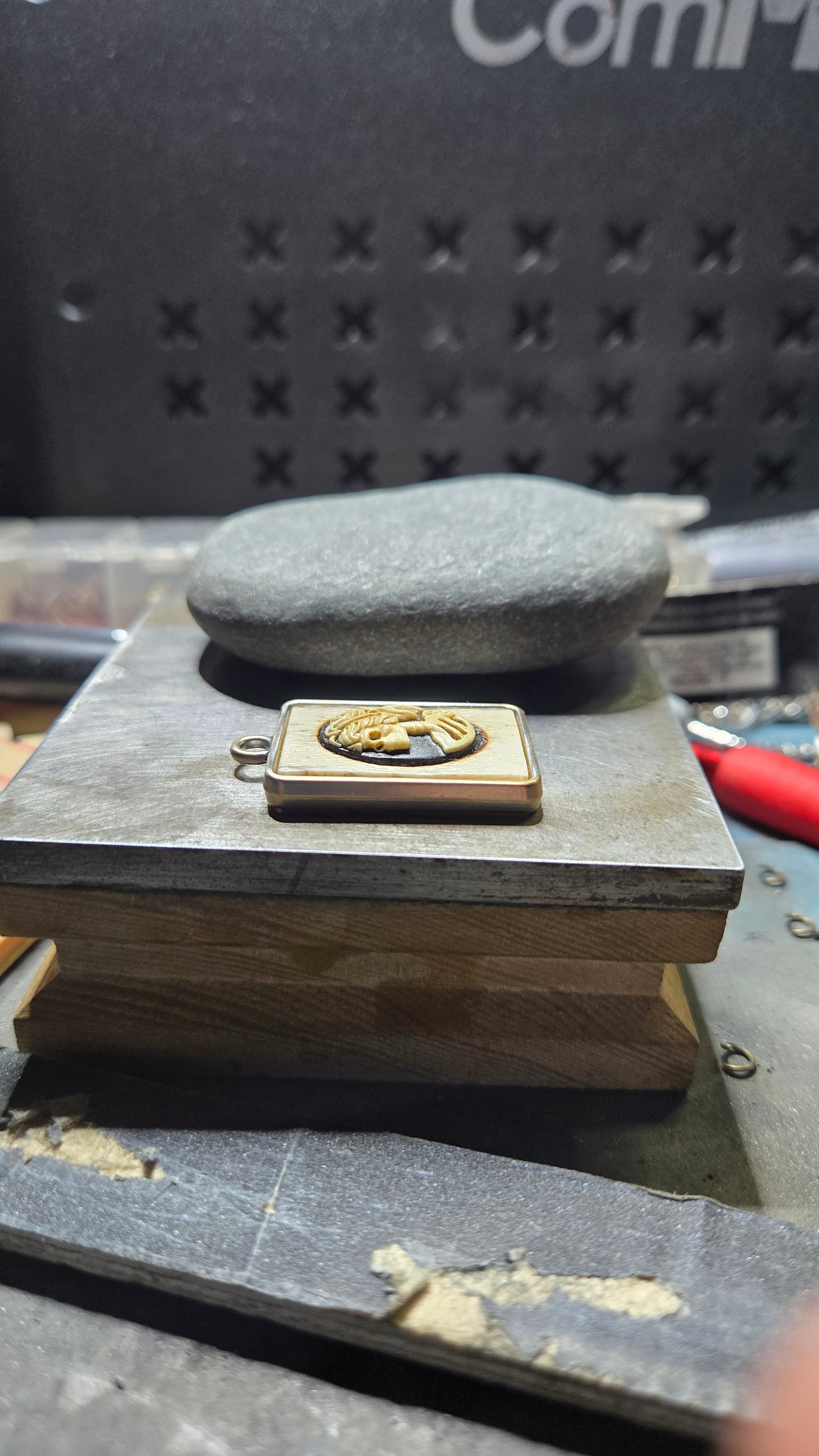 Antiqued Human Bone & Skeleton Cameo Pendant