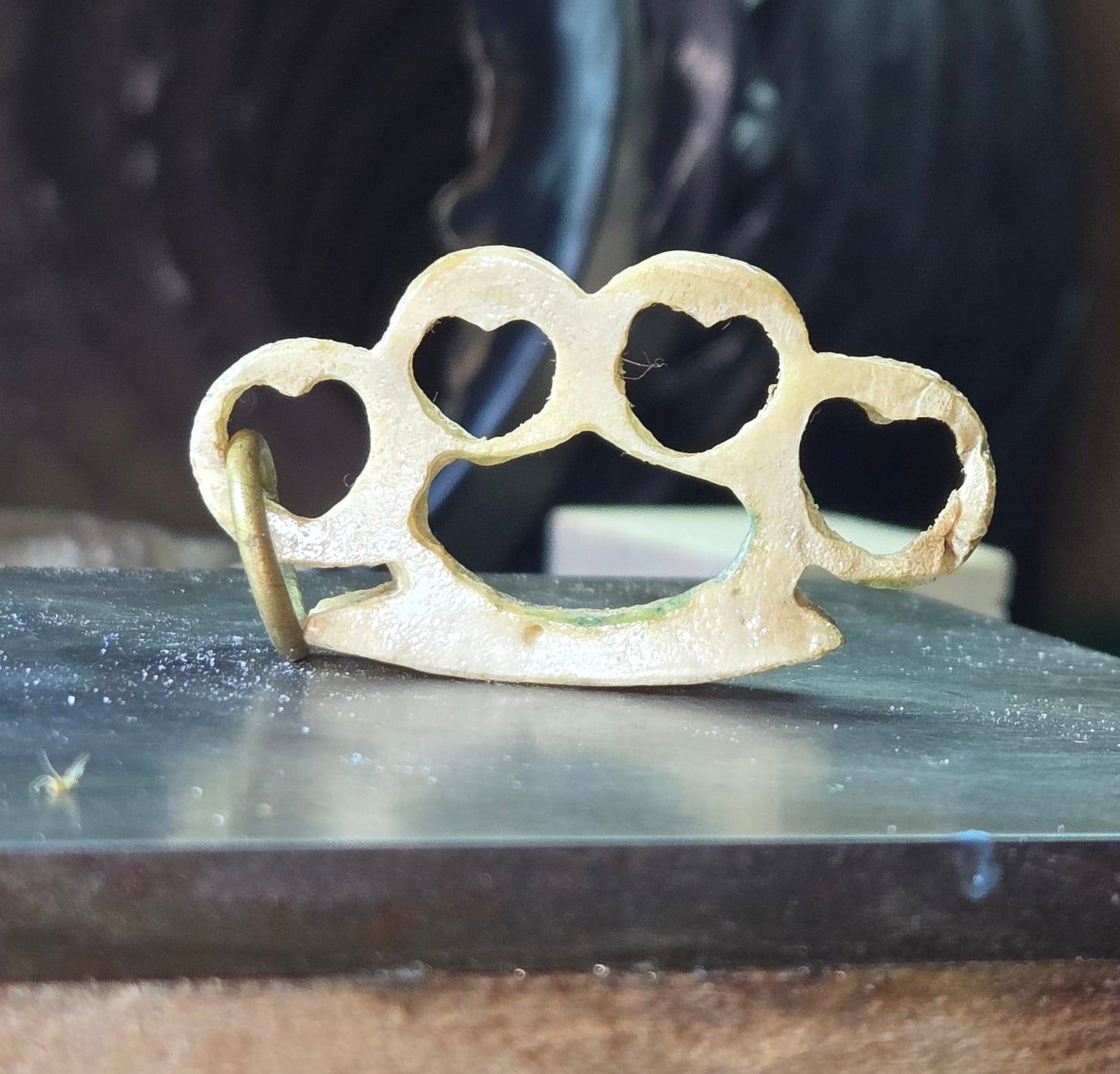 Hand-Carved Human Bone Mini Brass Knuckles – Heart Cutouts