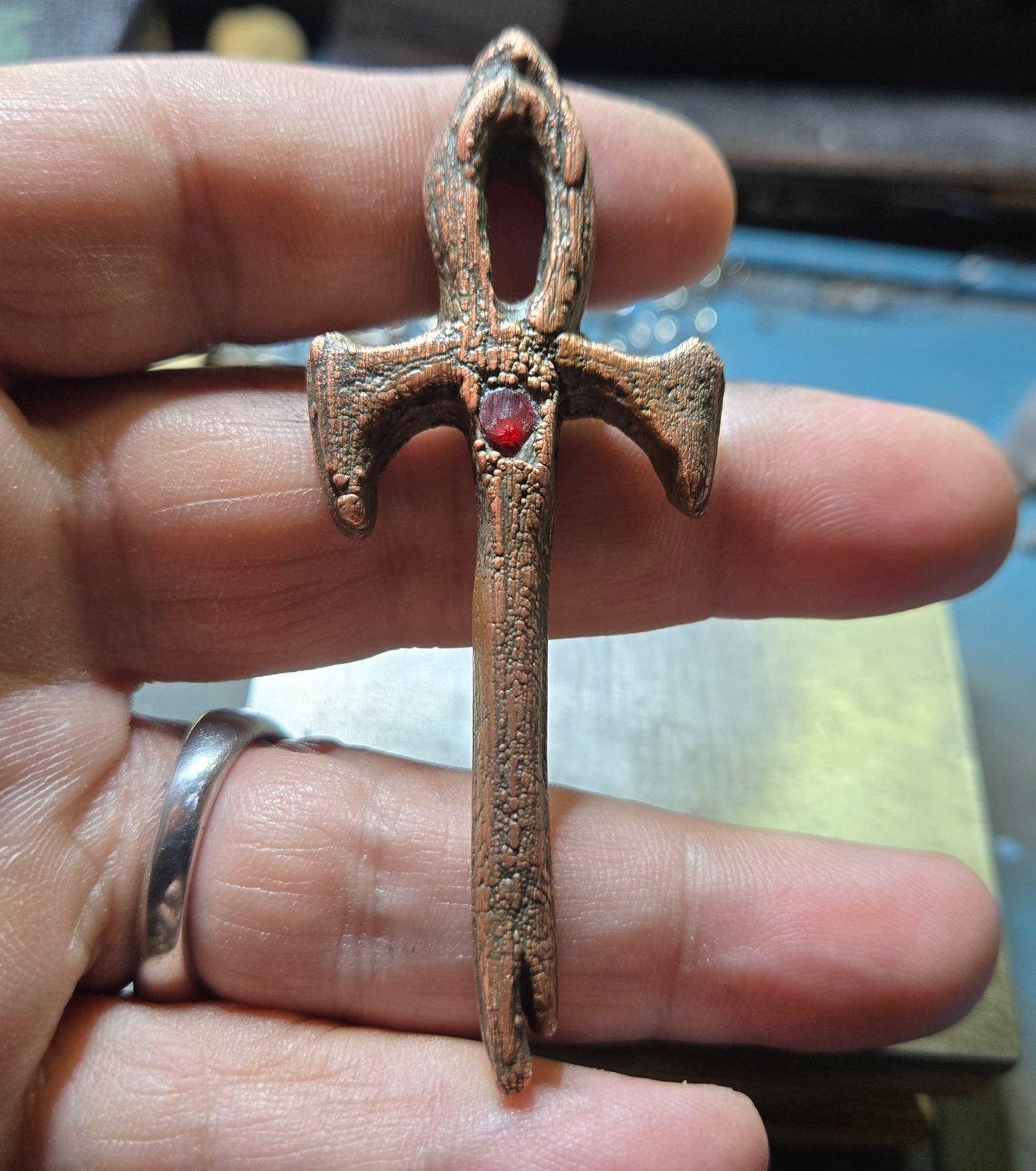 Brass Petrified Wood Themed Vampire Ankh with Ruby