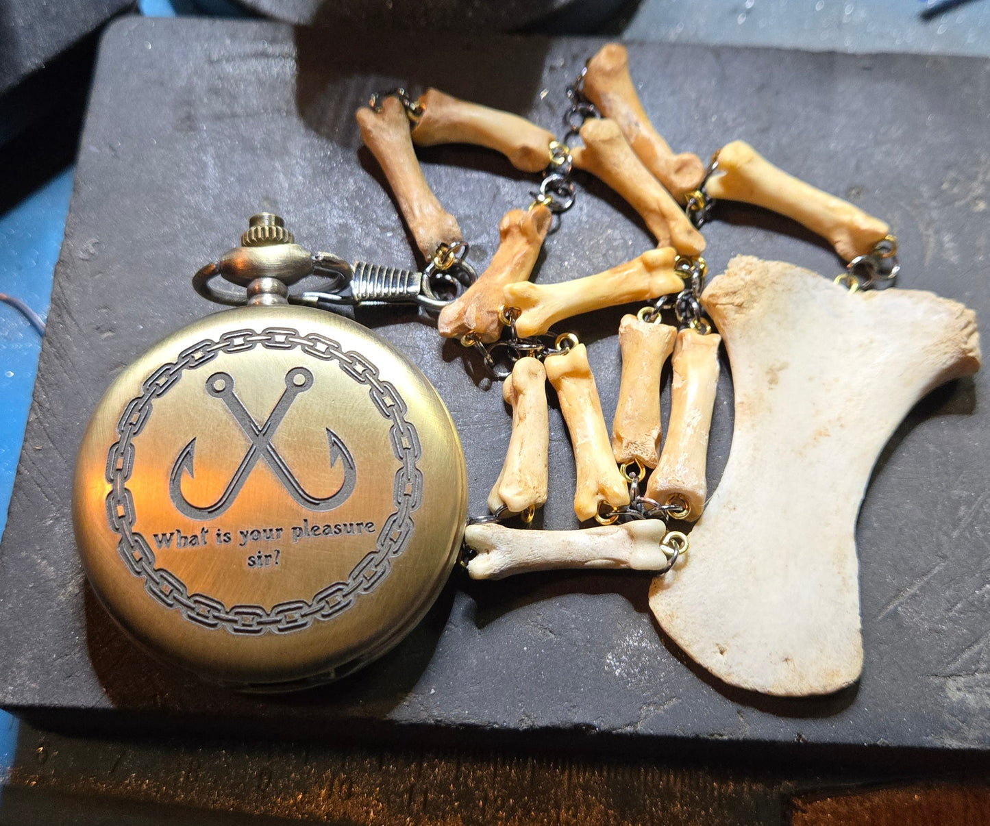 Custom Brass Lament Configuration Pocket Watch – Hellraiser Inspired with Real Bone Fob