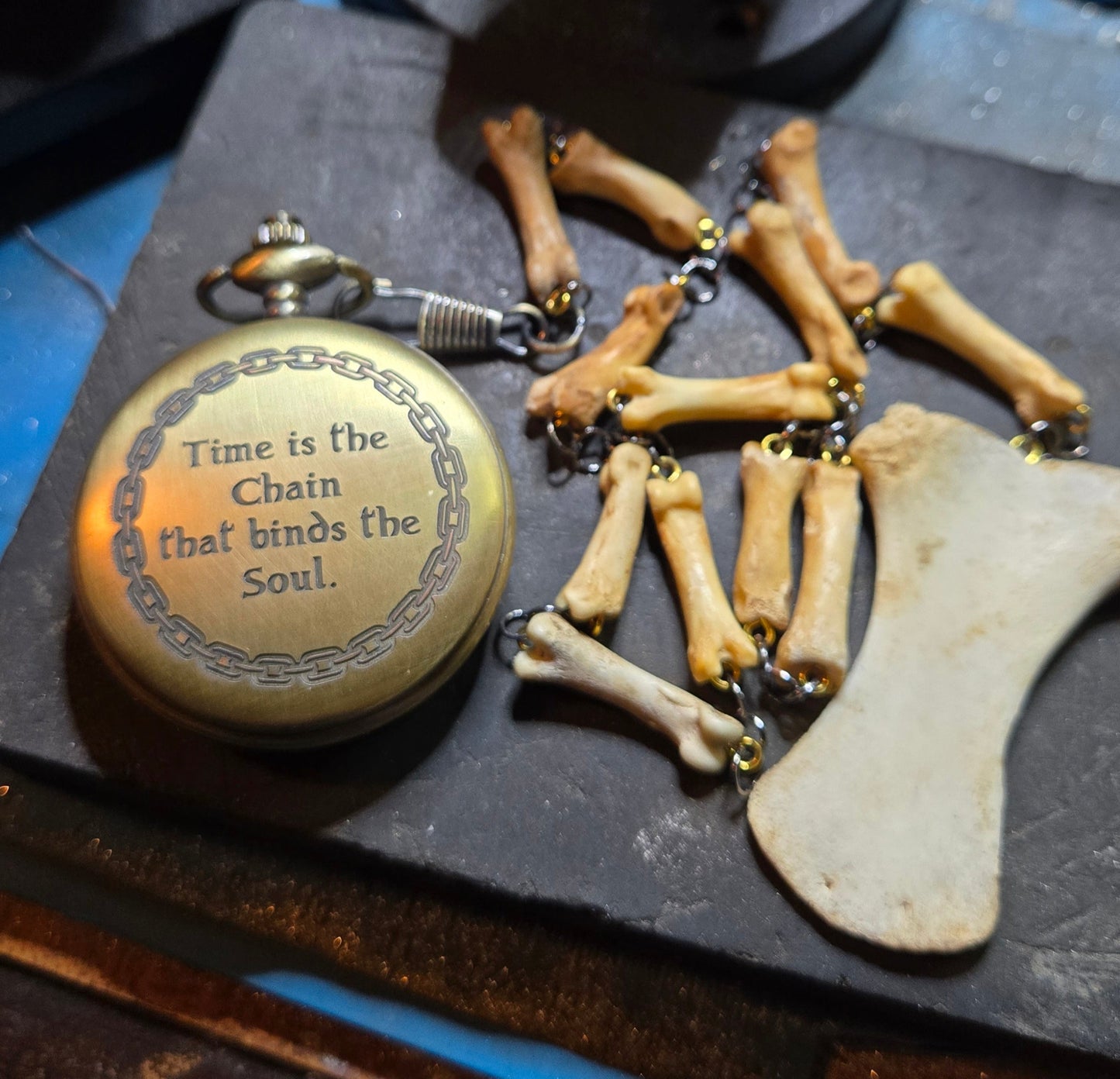 Custom Brass Lament Configuration Pocket Watch – Hellraiser Inspired with Real Bone Fob