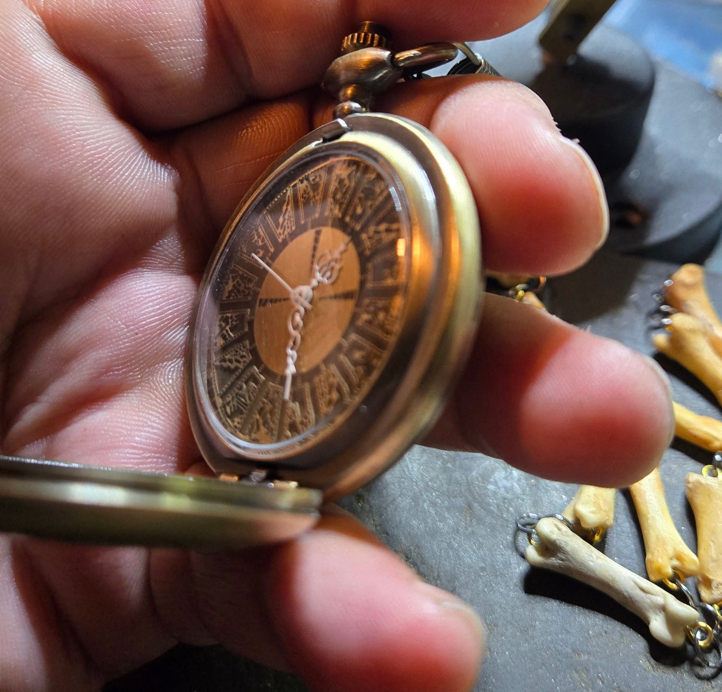 Custom Brass Lament Configuration Pocket Watch – Hellraiser Inspired with Real Bone Fob