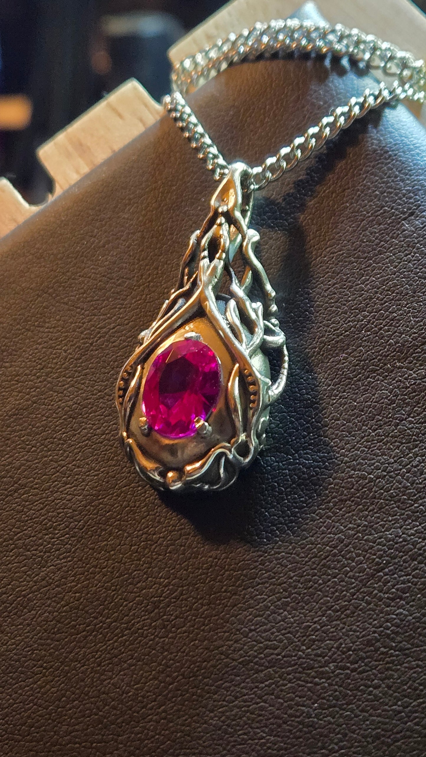 Hand-Cast aged Sterling Silver Pendant with 2.9ct Pink Sapphire