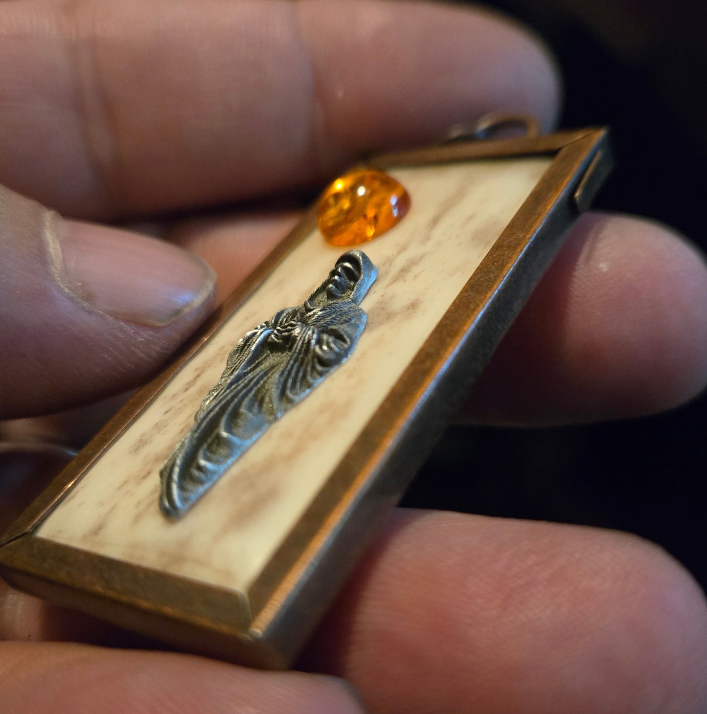 Custom Human Bone Grim Reaper Pendant with Baltic Amber Sun