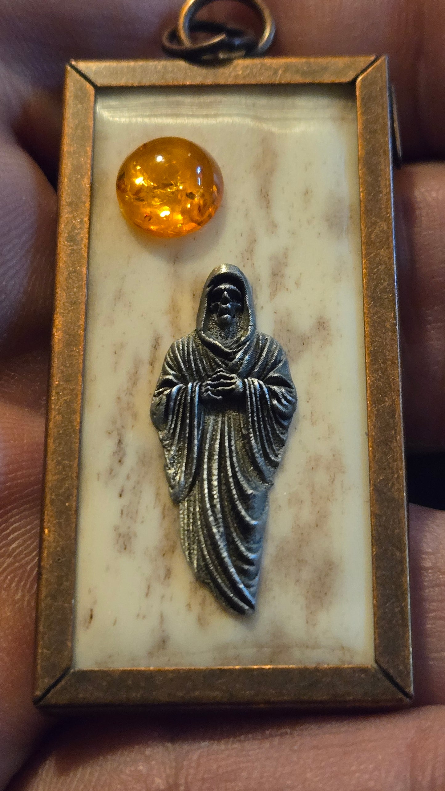 Custom Human Bone Grim Reaper Pendant with Baltic Amber Sun