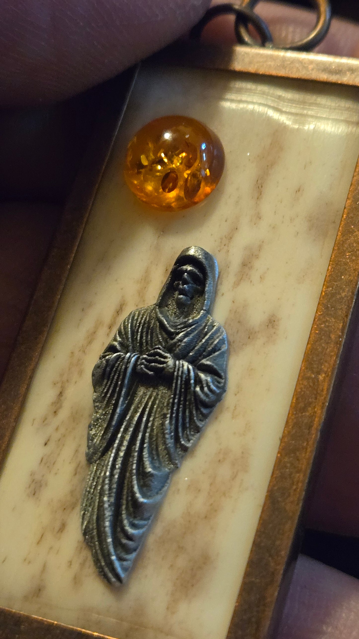 Custom Human Bone Grim Reaper Pendant with Baltic Amber Sun