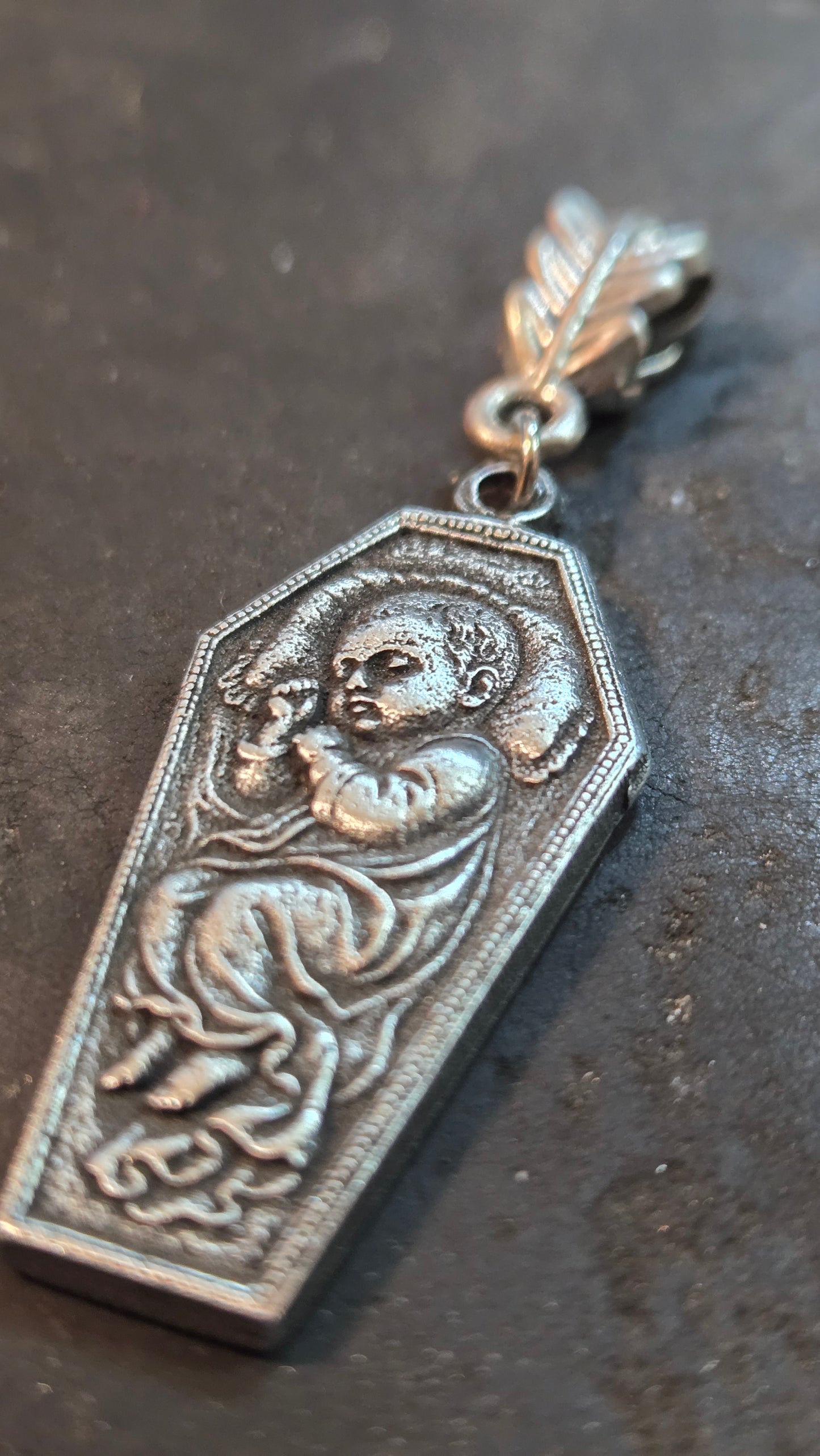 Custom Victorian Style Child Remembrance Pendant – Coffin of Silent Sleep Silver tone
