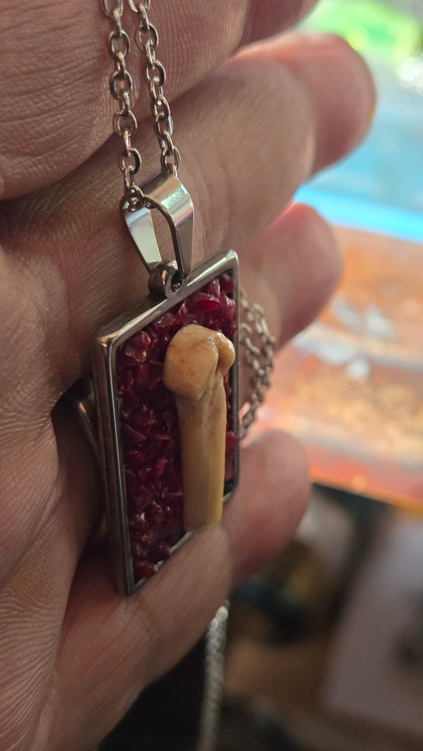 Bone & Ruby Glass Pendant – Found Object Jewelry