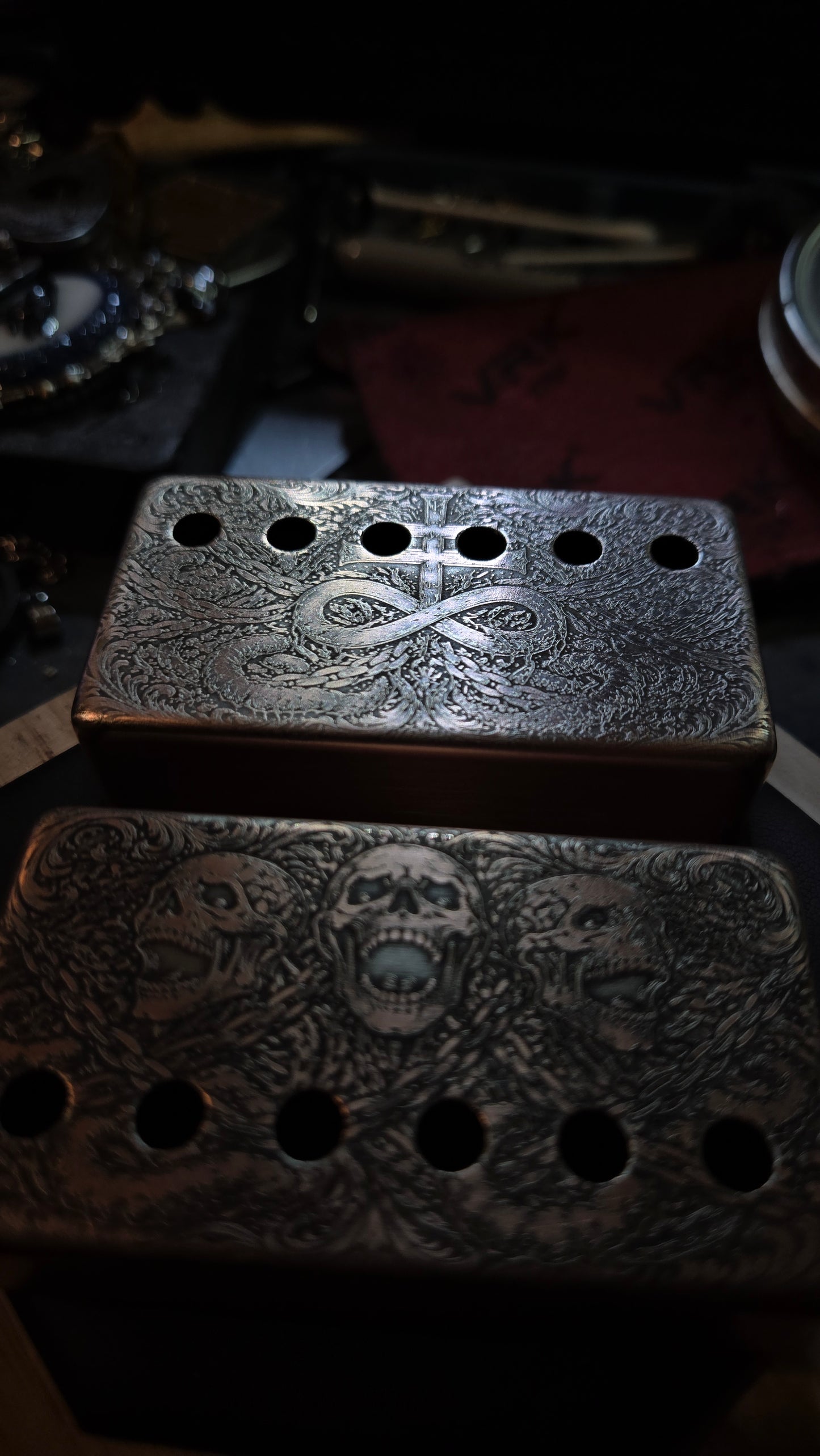 Aged Custom Engraved Brass & Nickel Humbucker Pickup Covers