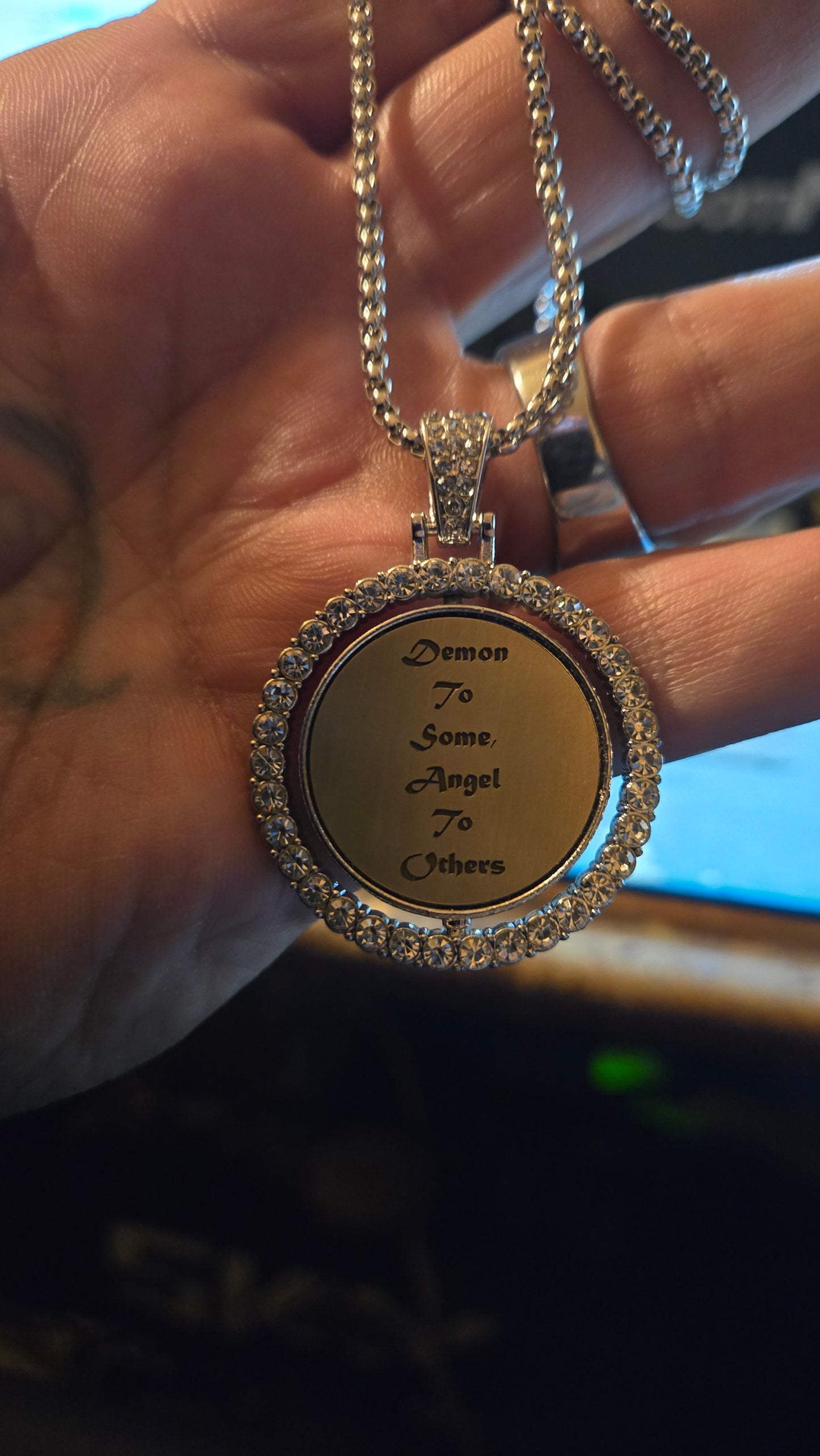 Double-Sided Spinning Brass Lament Configuration Crystal Pendant