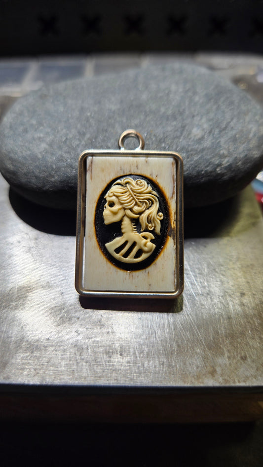 Antiqued Human Bone & Skeleton Cameo Pendant