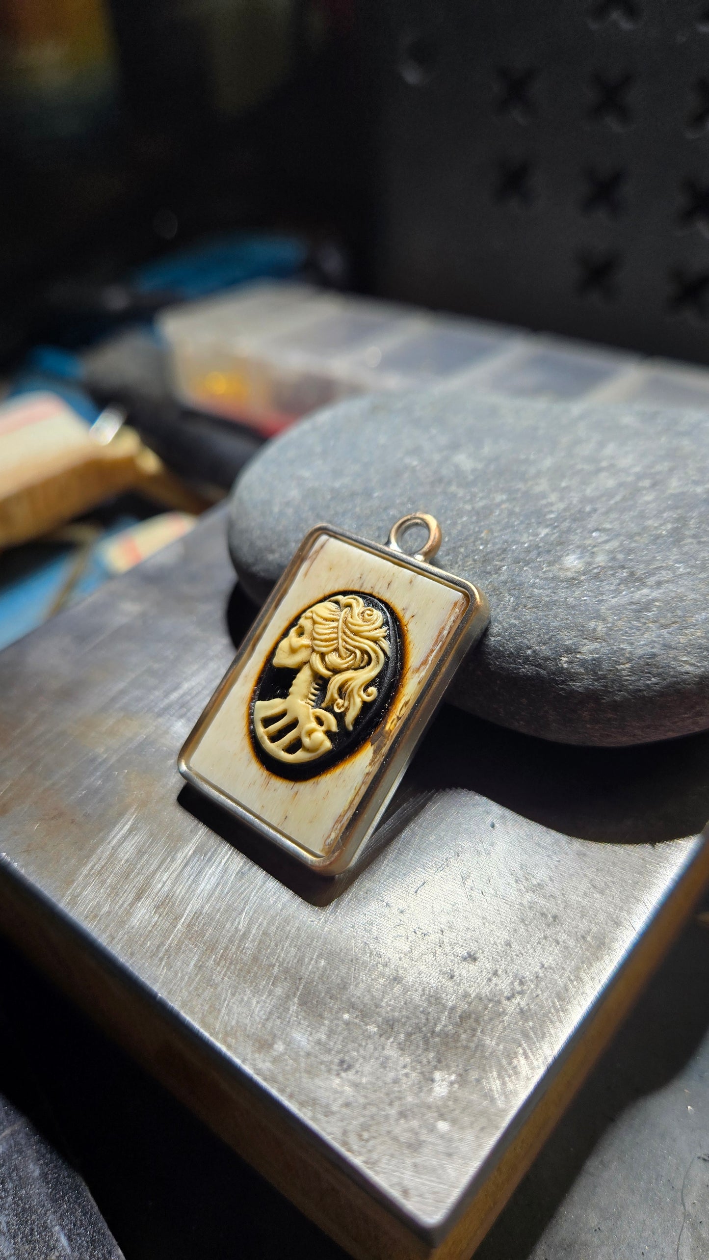 Antiqued Human Bone & Skeleton Cameo Pendant