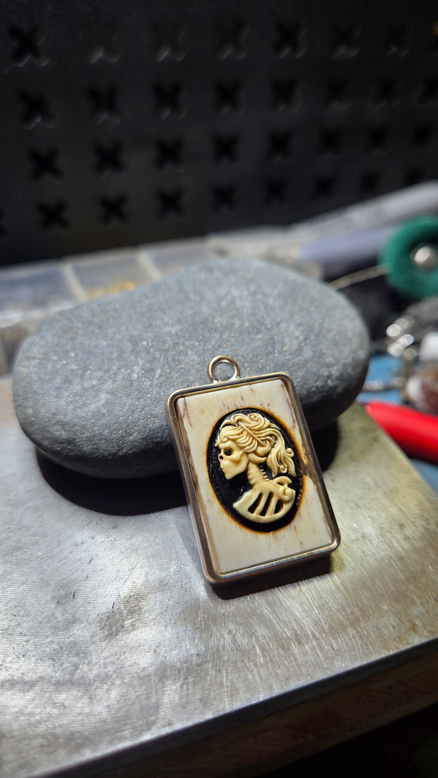 Antiqued Human Bone & Skeleton Cameo Pendant
