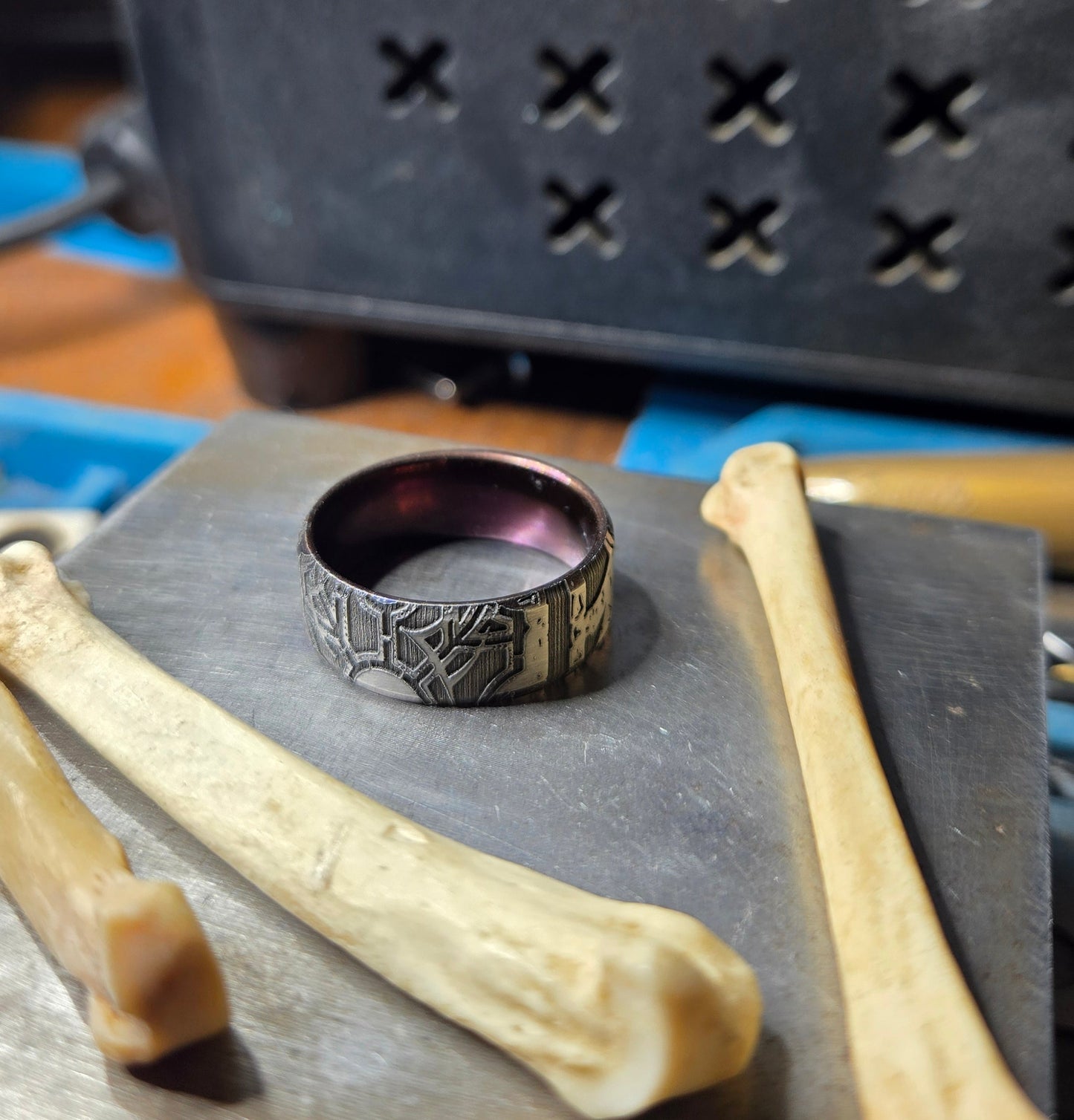 316L Surgical Steel Lament Configuration Ring with Purple Plated Interior