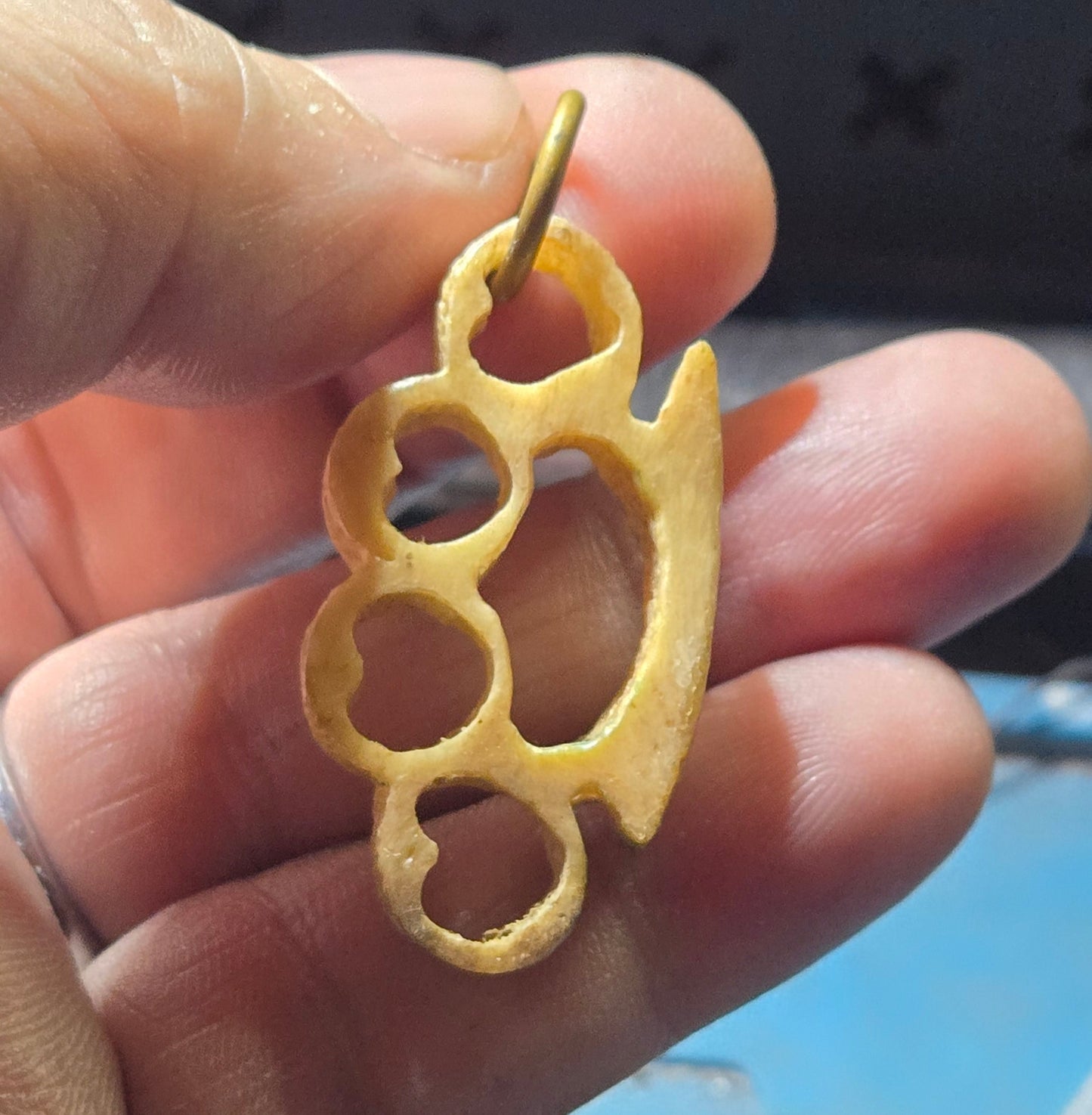 Hand-Carved Human Bone Mini Brass Knuckles – Heart Cutouts