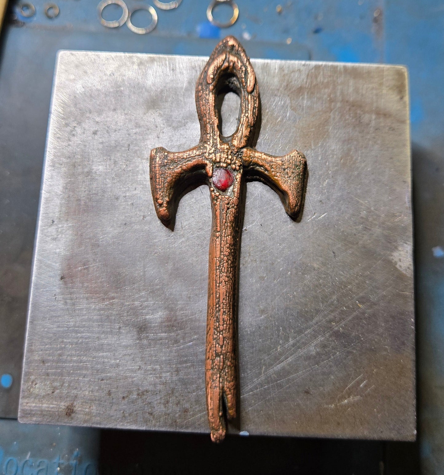 Brass Petrified Wood Themed Vampire Ankh with Ruby