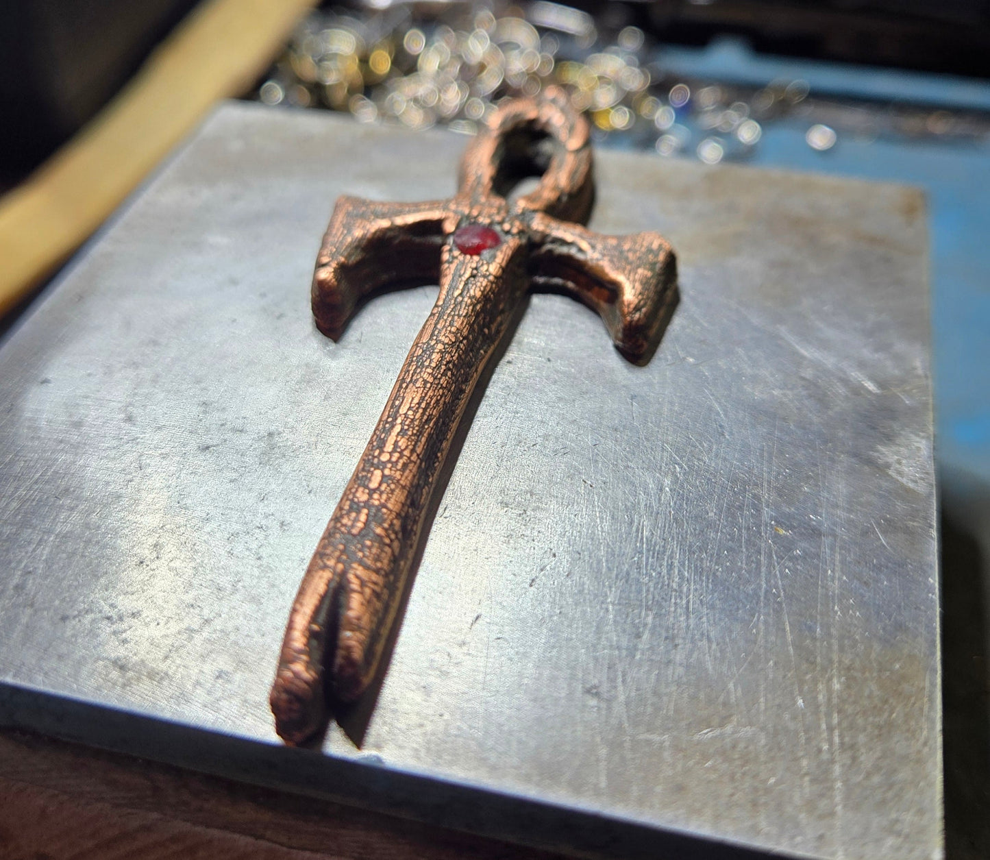Brass Petrified Wood Themed Vampire Ankh with Ruby