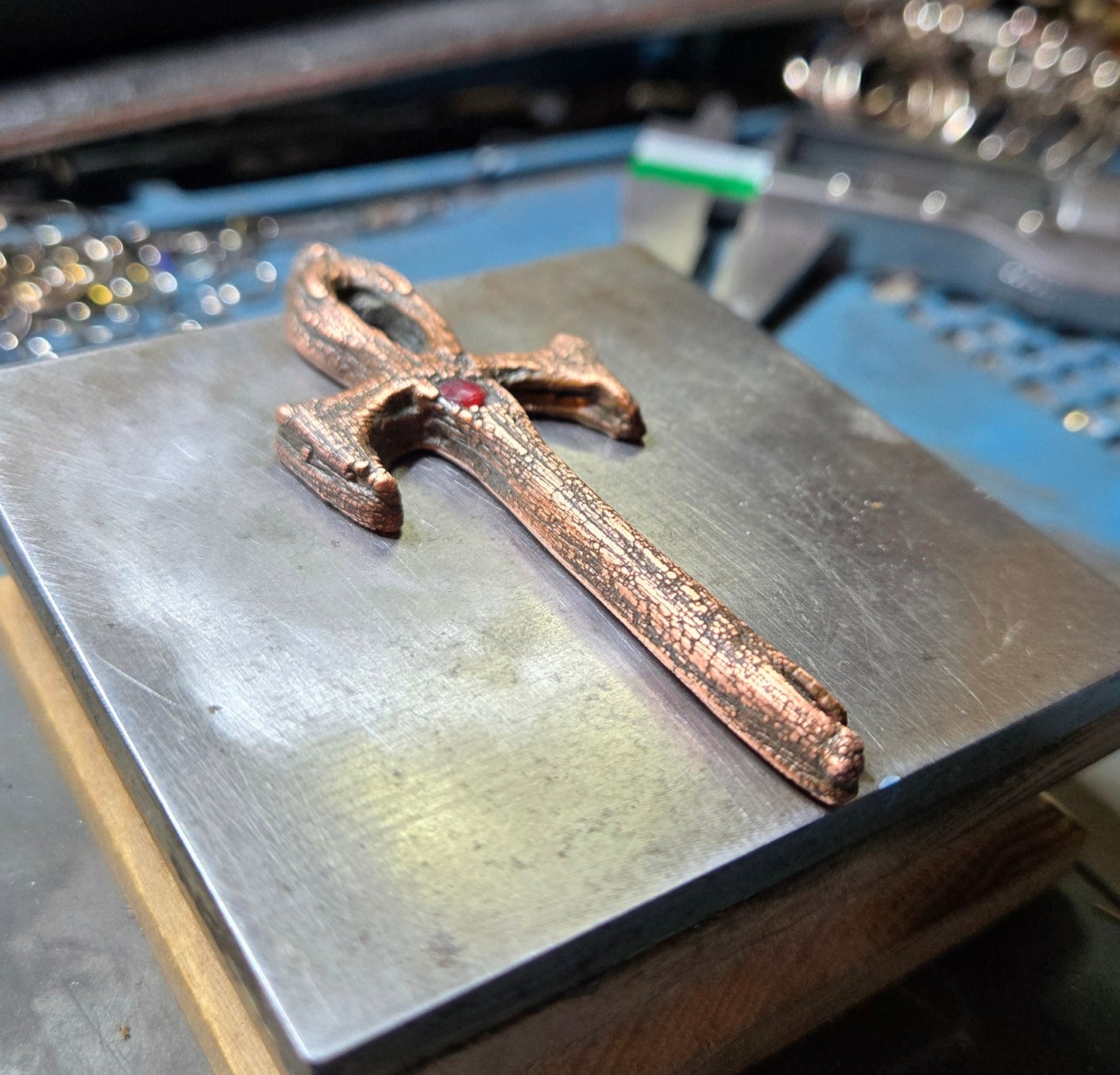 Brass Petrified Wood Themed Vampire Ankh with Ruby