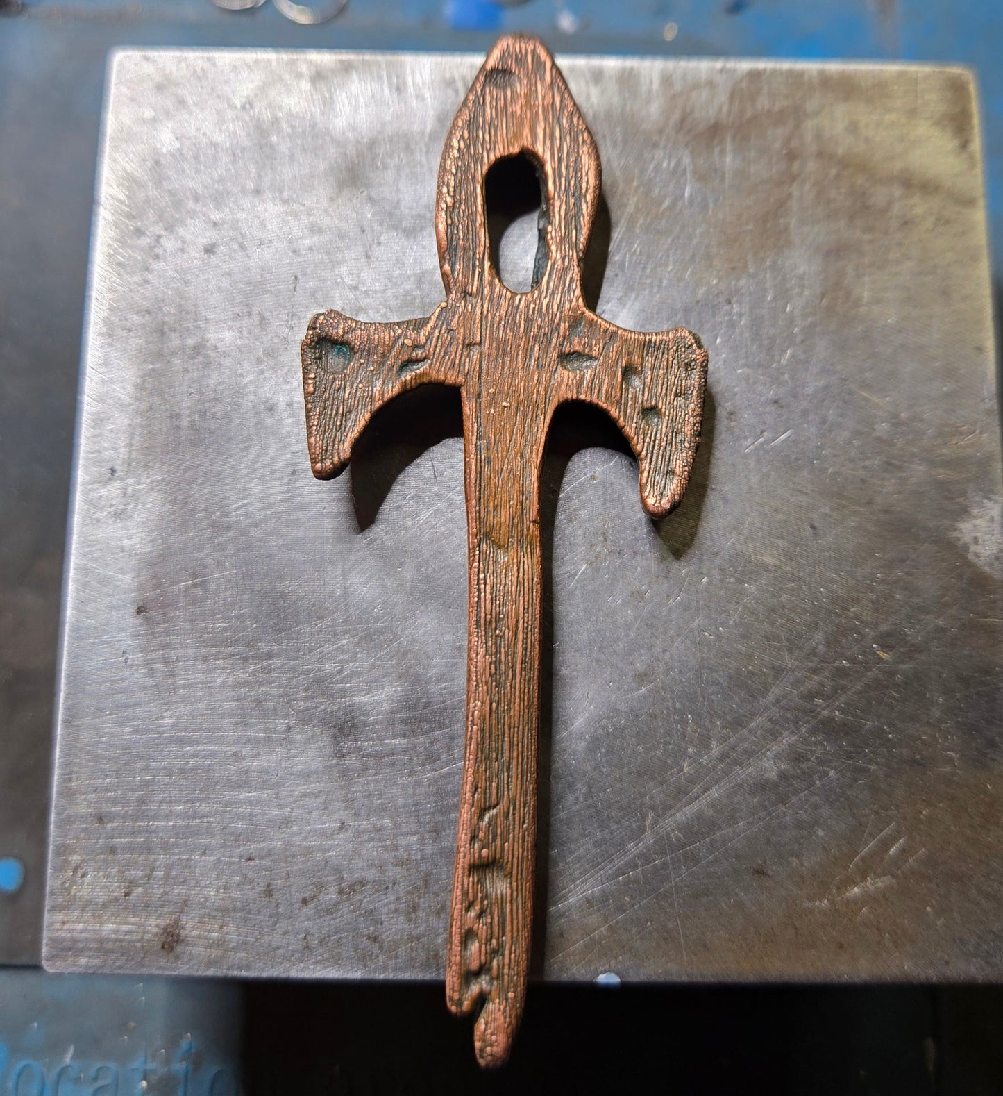 Brass Petrified Wood Themed Vampire Ankh with Ruby