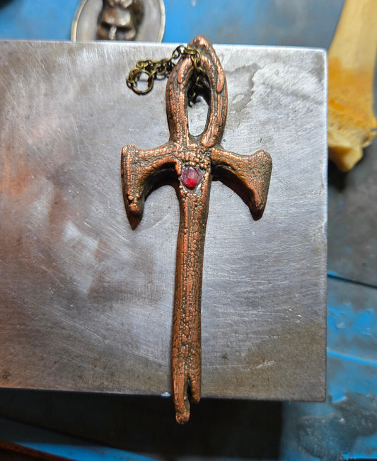 Brass Petrified Wood Themed Vampire Ankh with Ruby
