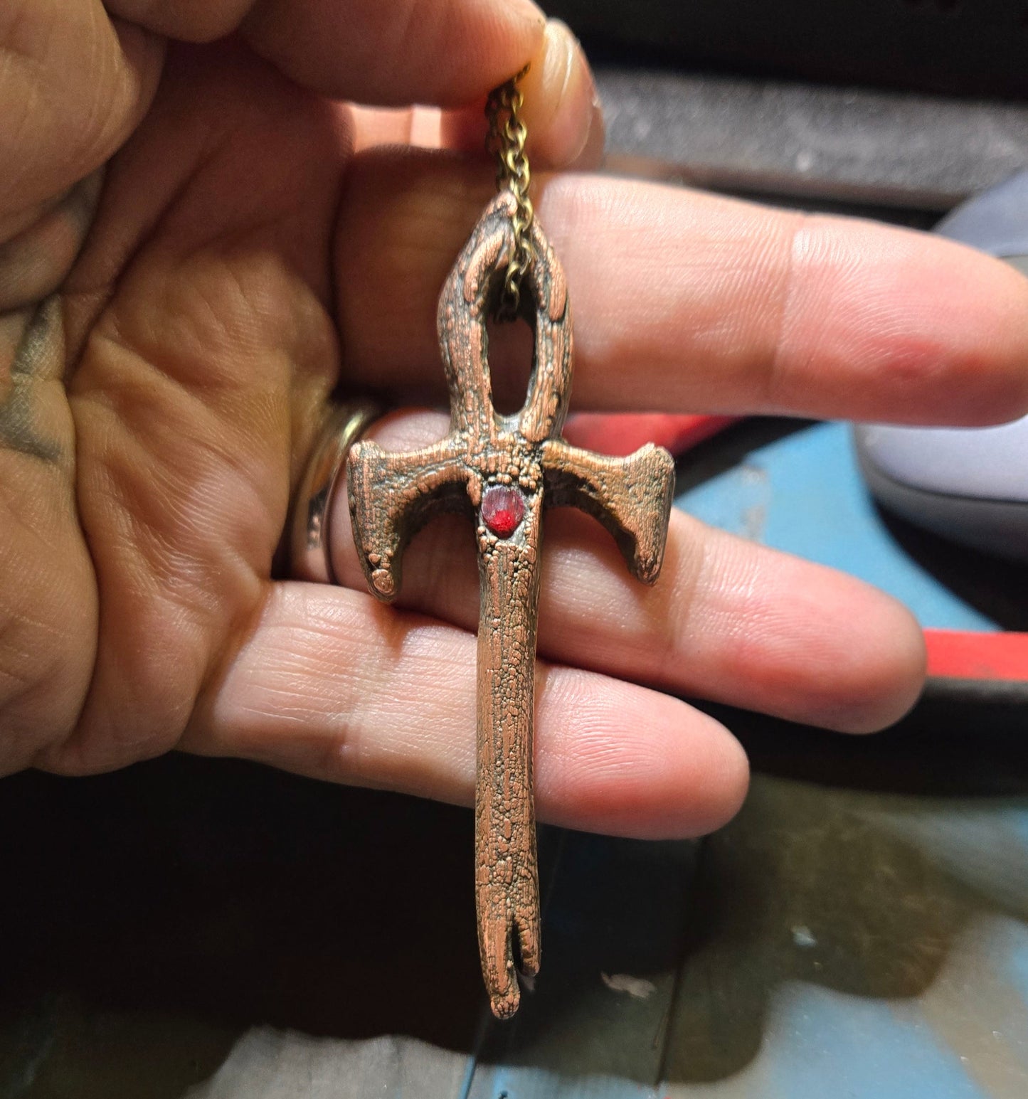 Brass Petrified Wood Themed Vampire Ankh with Ruby