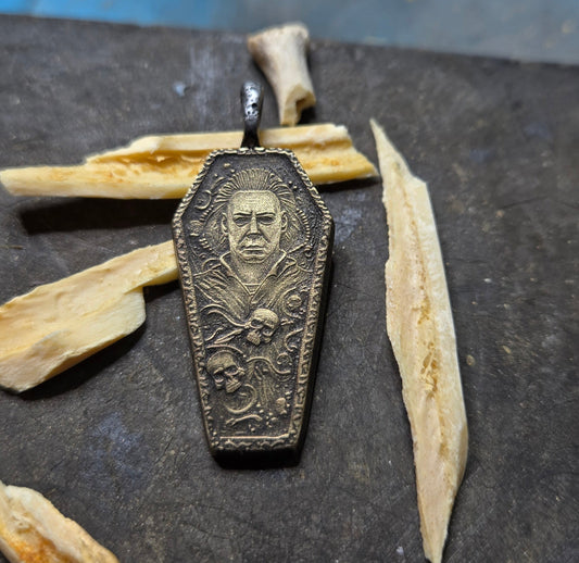 Aged Brass Michael Myers Coffin Pendant