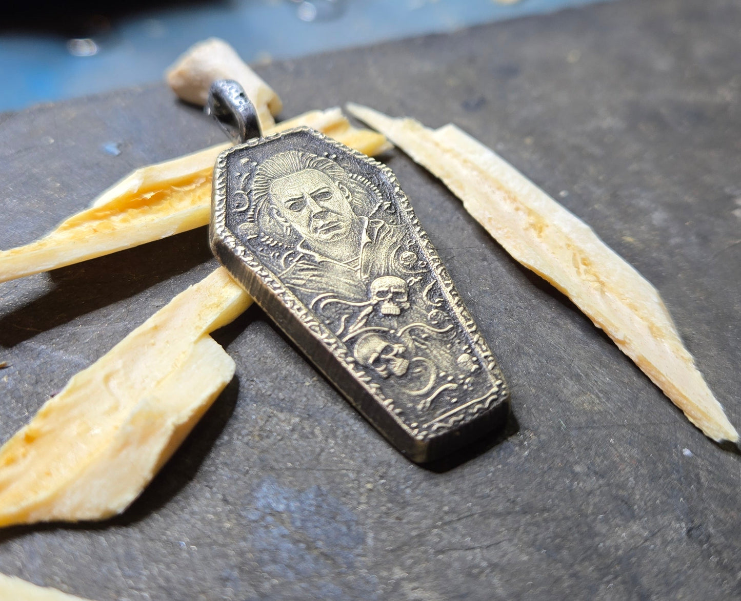 Aged Brass Michael Myers Coffin Pendant