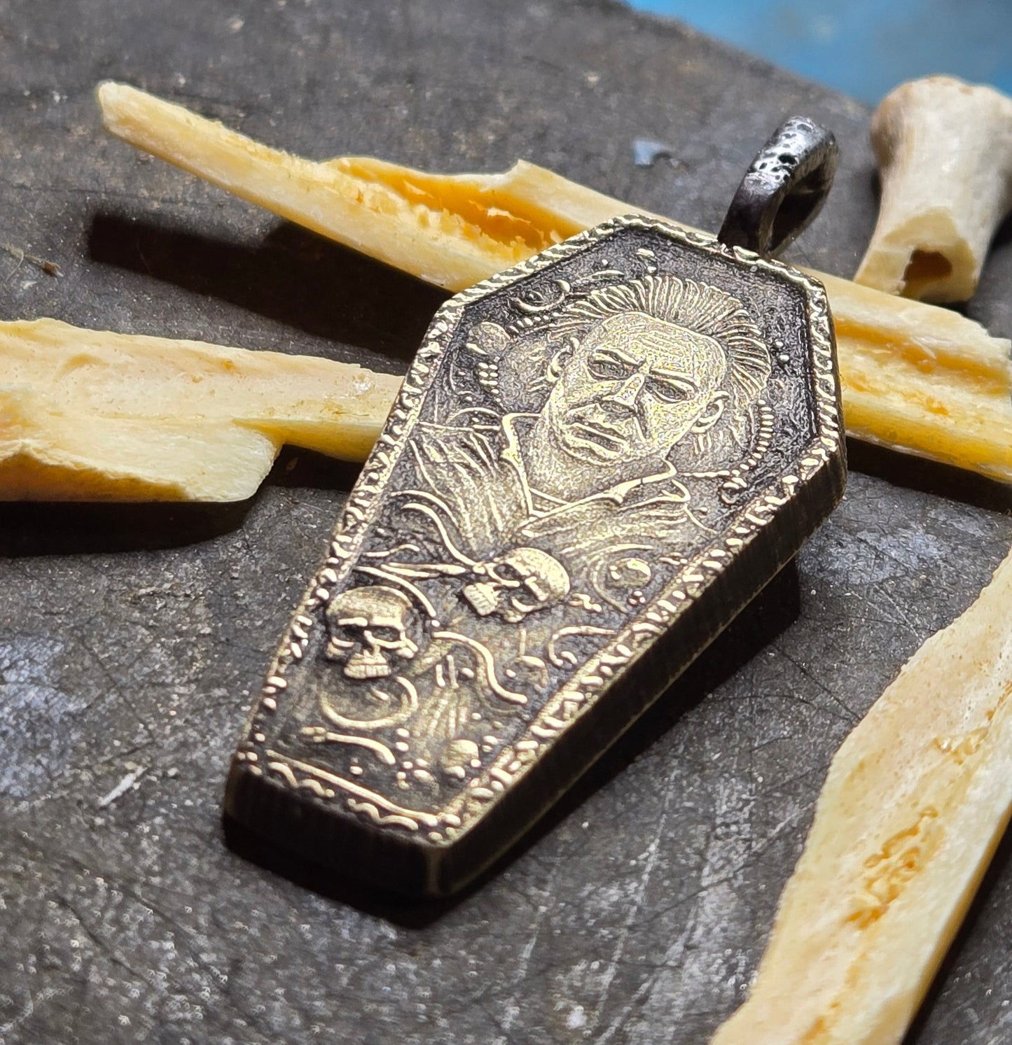 Aged Brass Michael Myers Coffin Pendant