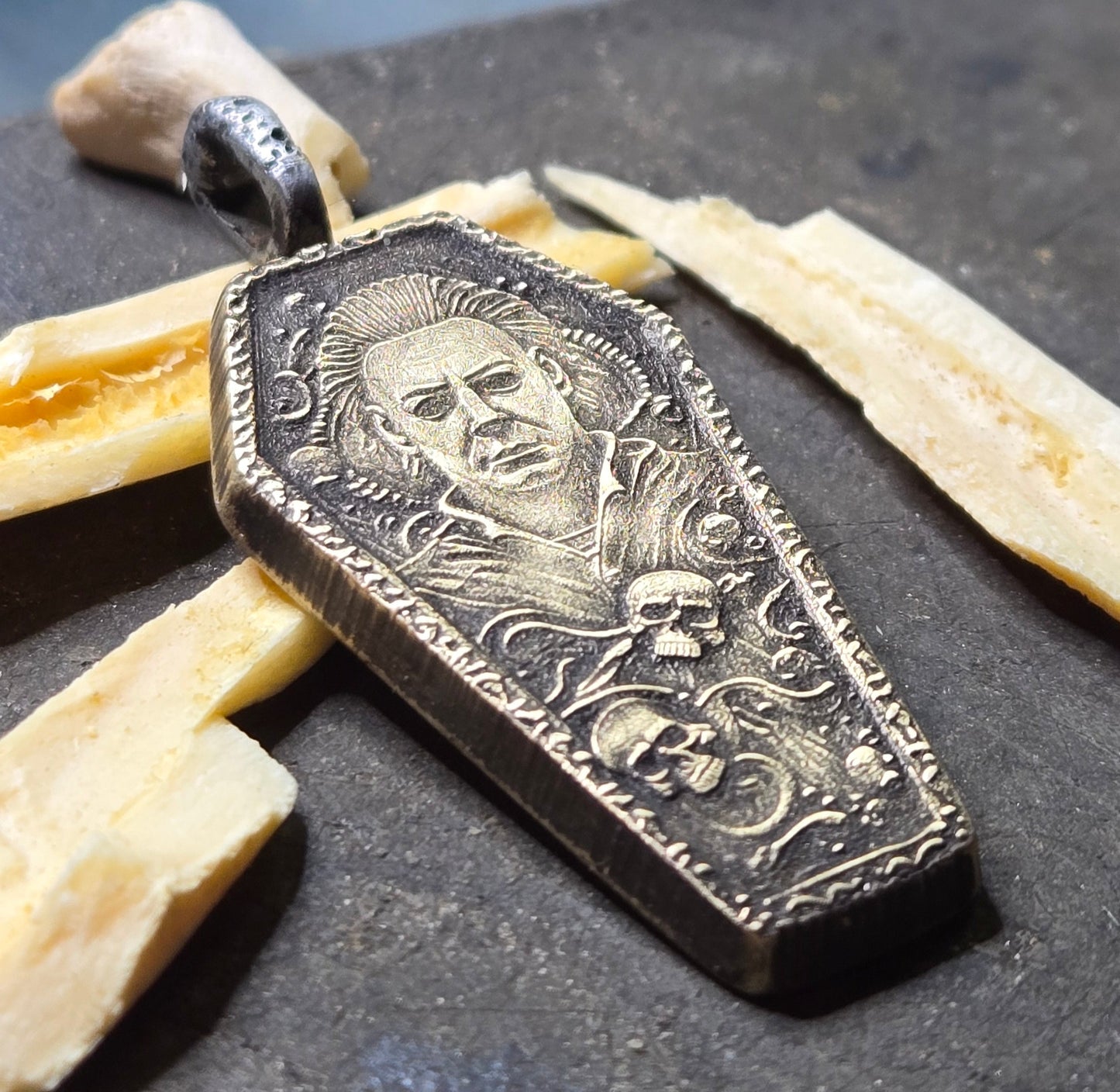 Aged Brass Michael Myers Coffin Pendant