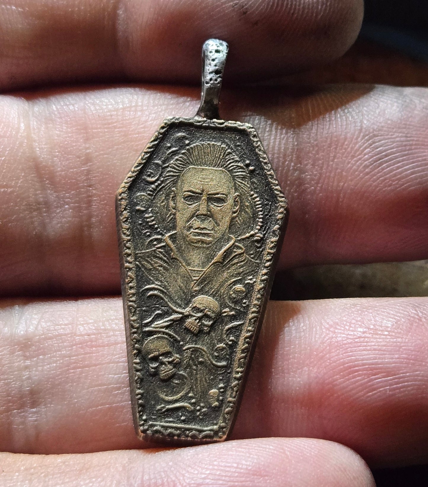 Aged Brass Michael Myers Coffin Pendant