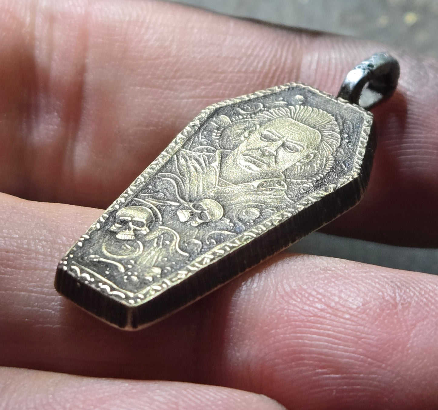 Aged Brass Michael Myers Coffin Pendant