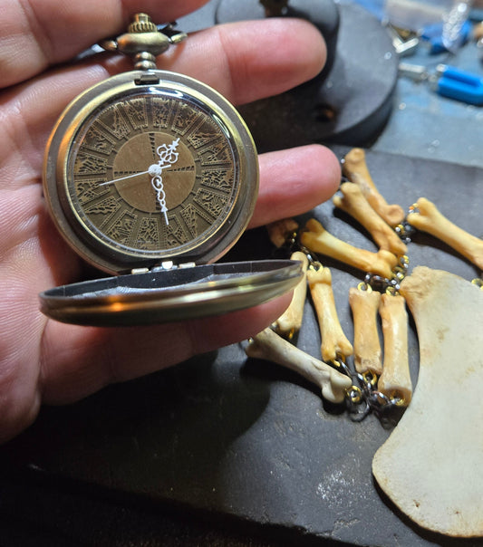Custom Brass Lament Configuration Pocket Watch – Hellraiser Inspired with Real Bone Fob