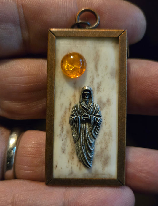 Custom Human Bone Grim Reaper Pendant with Baltic Amber Sun
