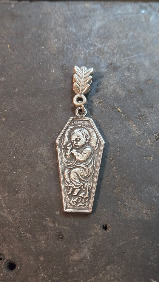 Custom Victorian Style Child Remembrance Pendant – Coffin of Silent Sleep Silver tone