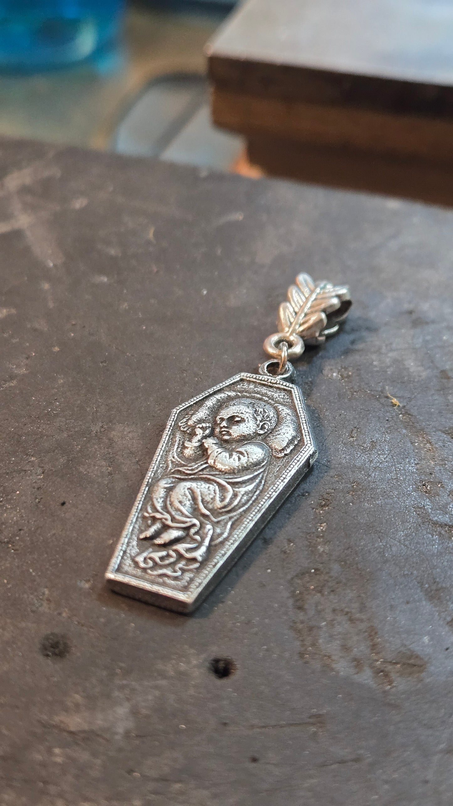 Custom Victorian Style Child Remembrance Pendant – Coffin of Silent Sleep Silver tone