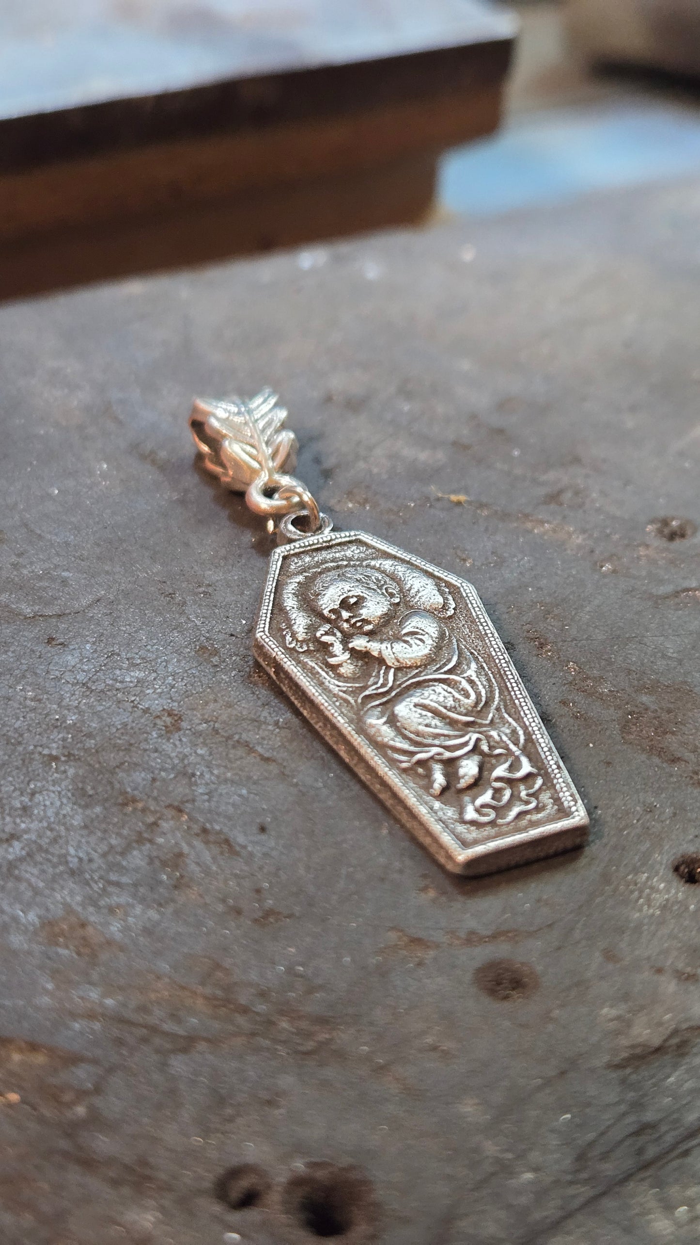 Custom Victorian Style Child Remembrance Pendant – Coffin of Silent Sleep Silver tone