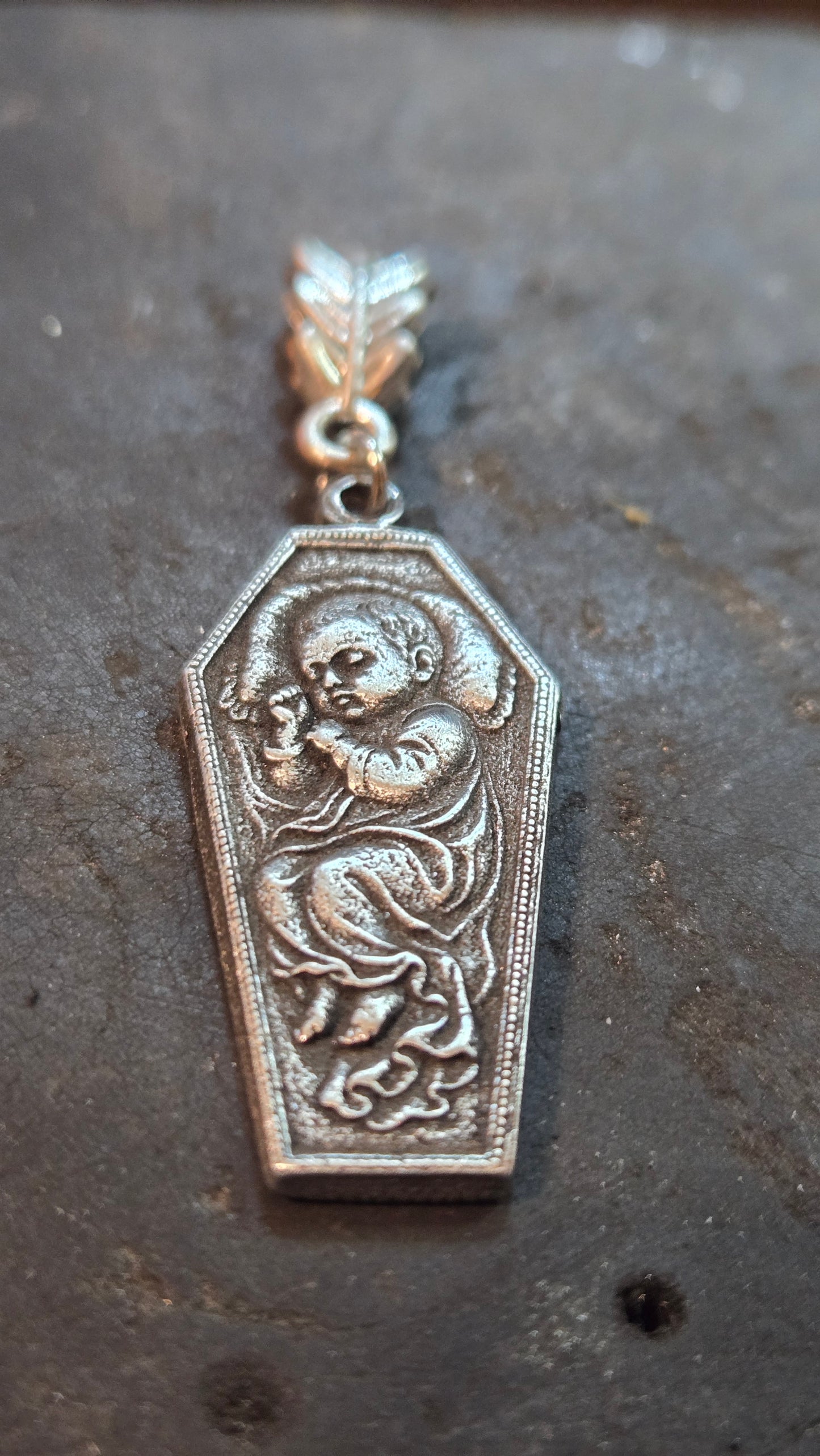 Custom Victorian Style Child Remembrance Pendant – Coffin of Silent Sleep Silver tone