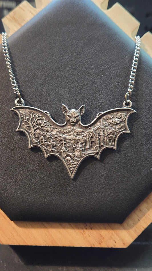 Bat Wing Graveyard Pendant – Gothic Cemetery Bat Necklace