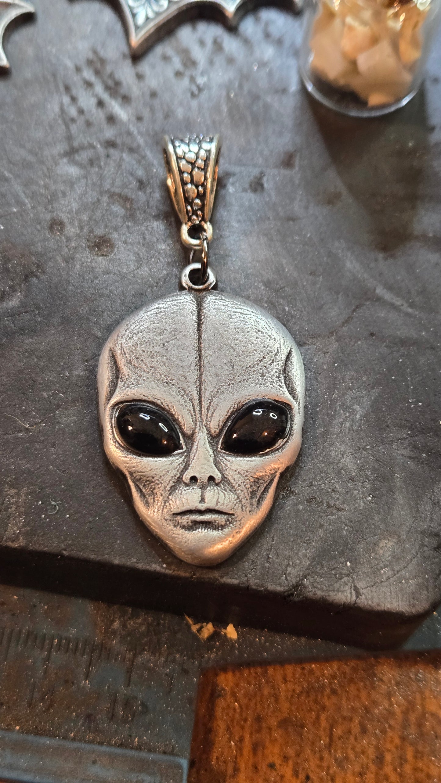 Custom Gray Alien Pendant – Black Resin Eyes