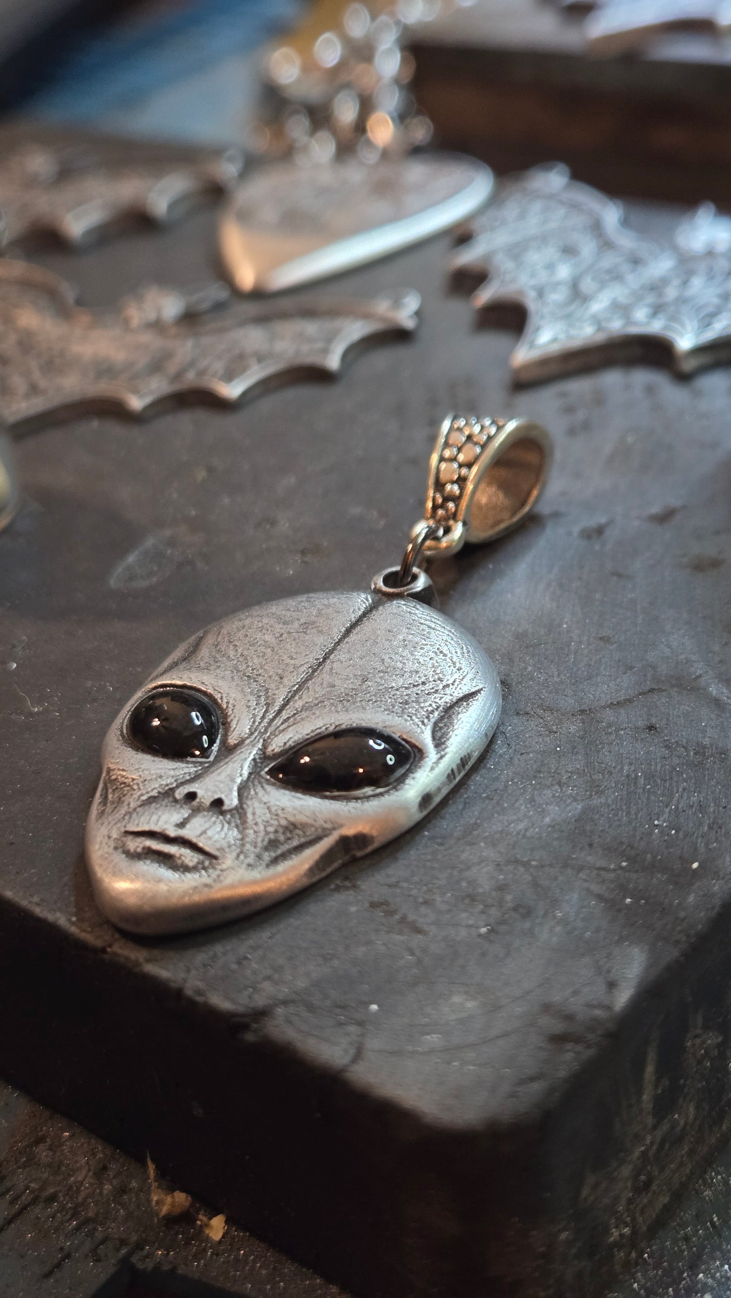 Custom Gray Alien Pendant – Black Resin Eyes