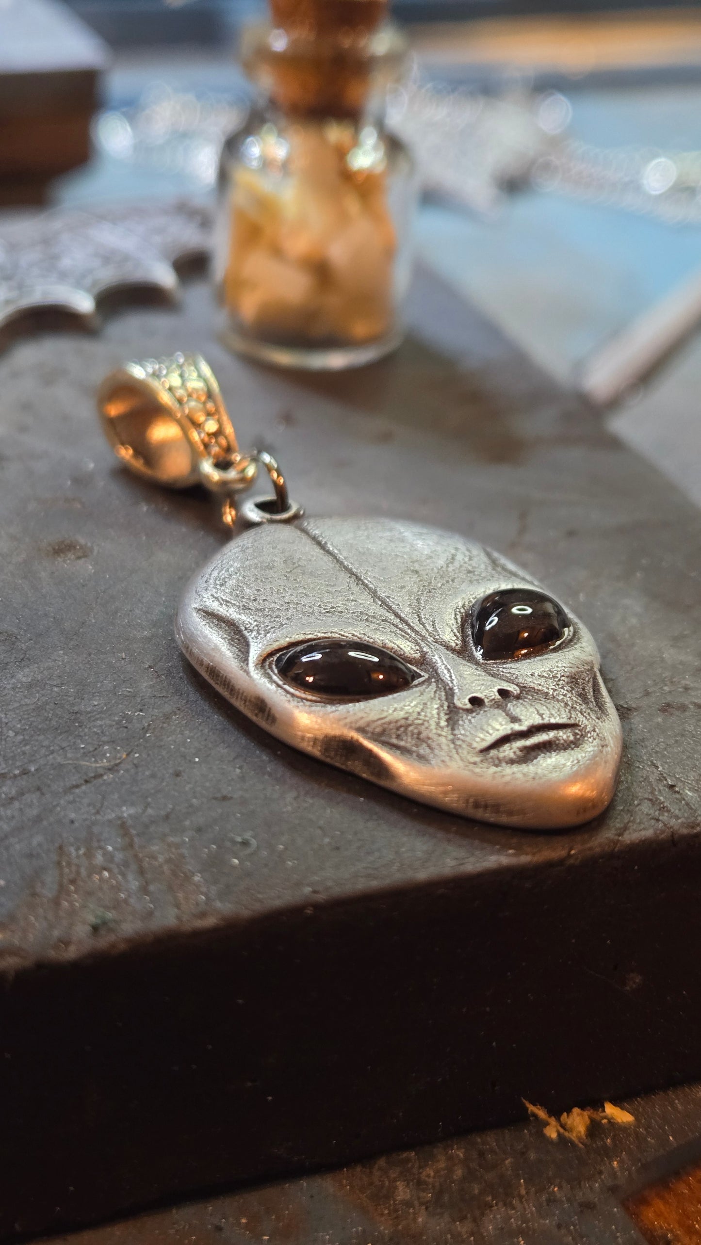 Custom Gray Alien Pendant – Black Resin Eyes