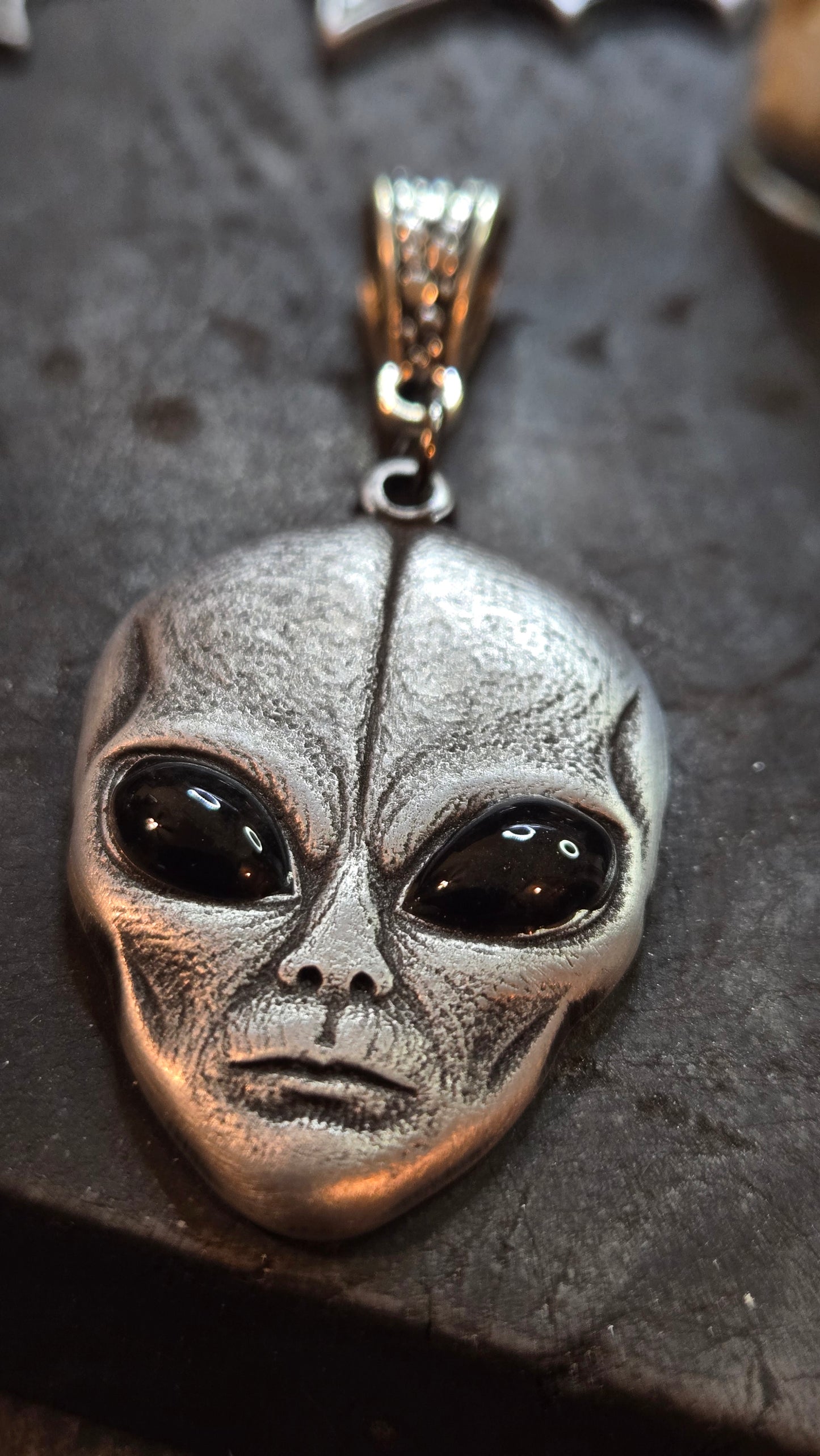 Custom Gray Alien Pendant – Black Resin Eyes