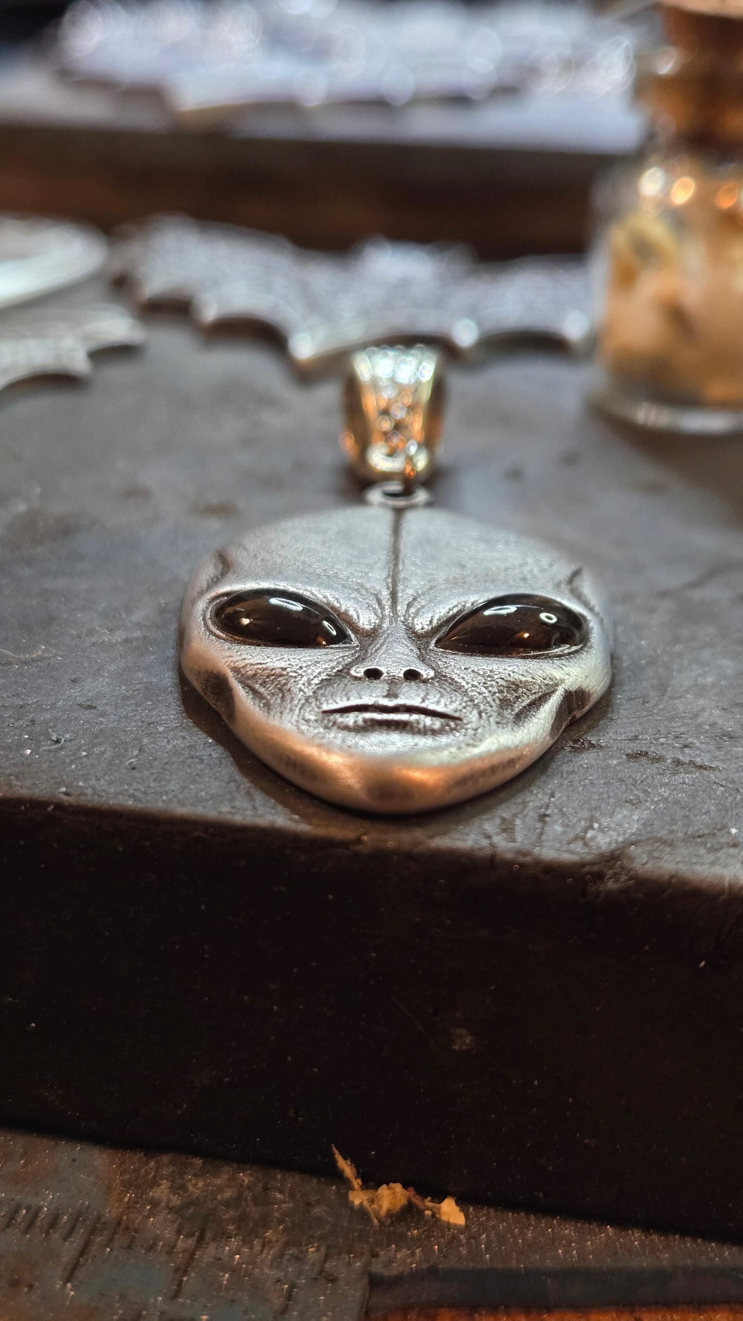 Custom Gray Alien Pendant – Black Resin Eyes