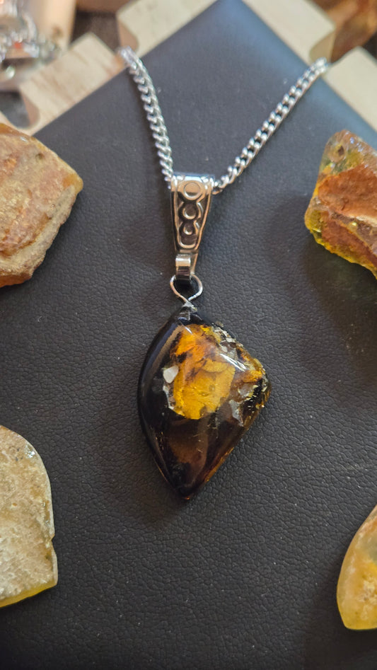 Hand-Polished Natural Amber Pendant With Organic Inclusions