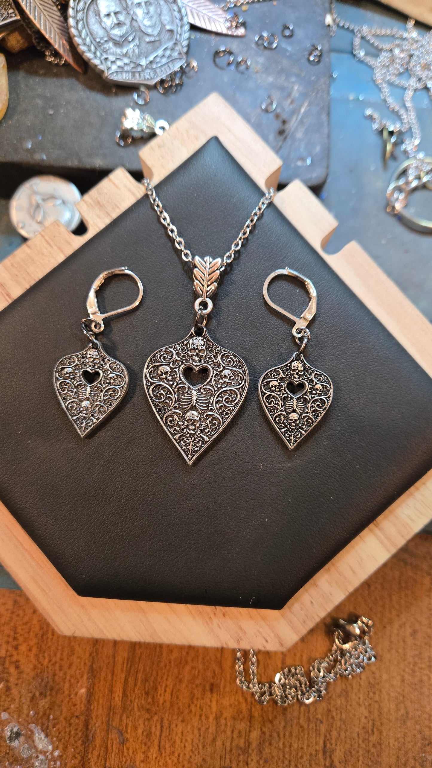 Custom Skull Filigree Planchette Pendant & Earring Set