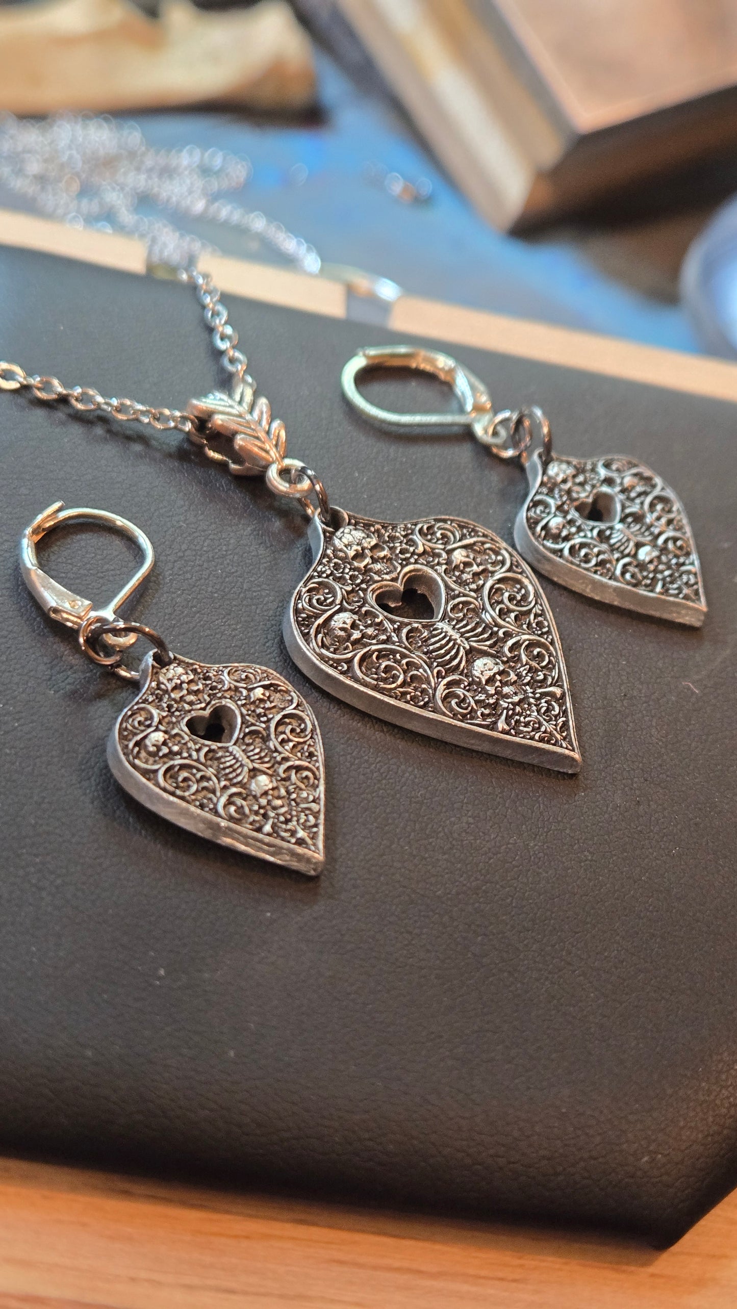Custom Skull Filigree Planchette Pendant & Earring Set
