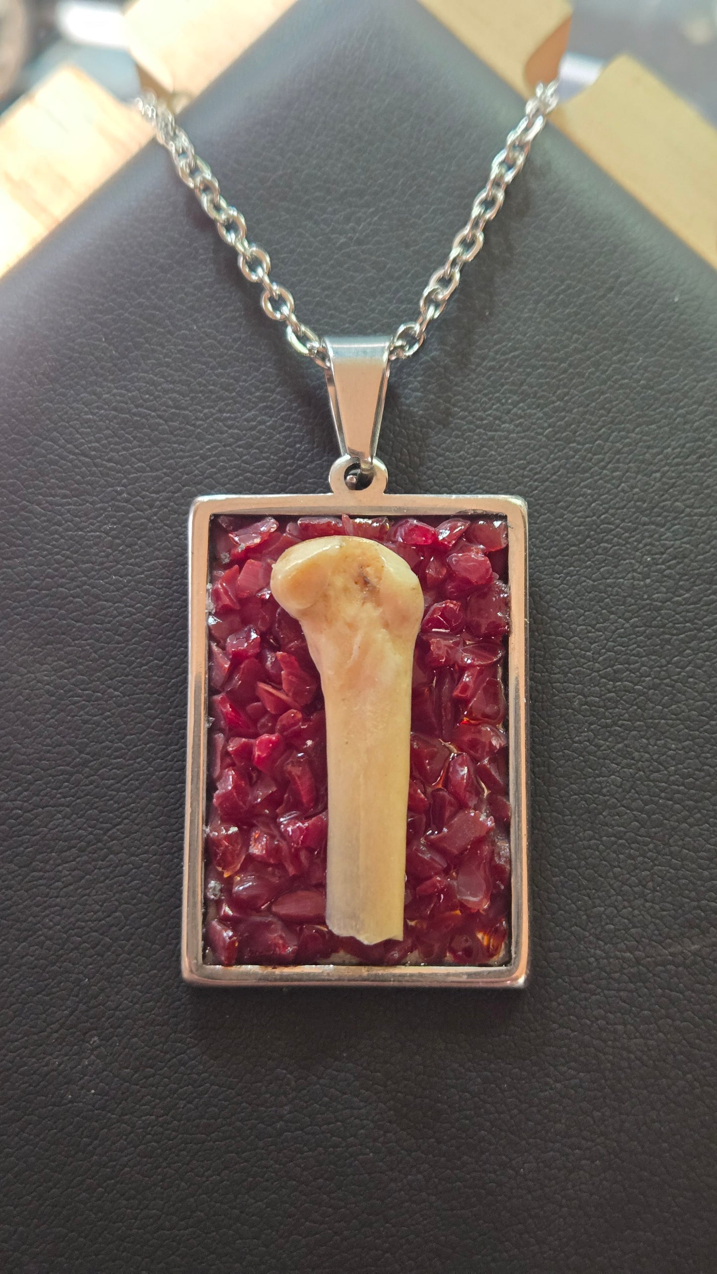 Bone & Ruby Glass Pendant – Found Object Jewelry