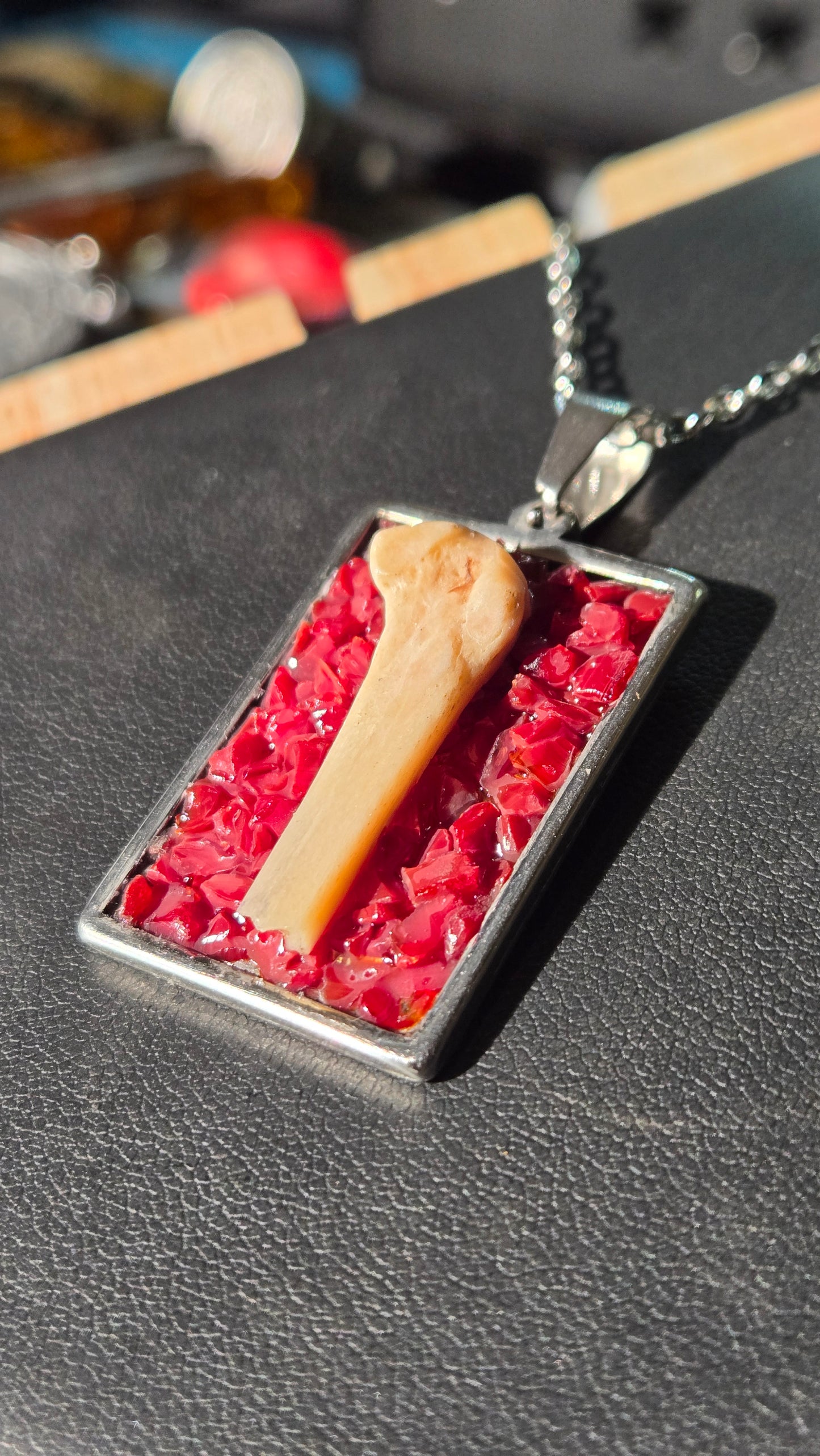 Bone & Ruby Glass Pendant – Found Object Jewelry