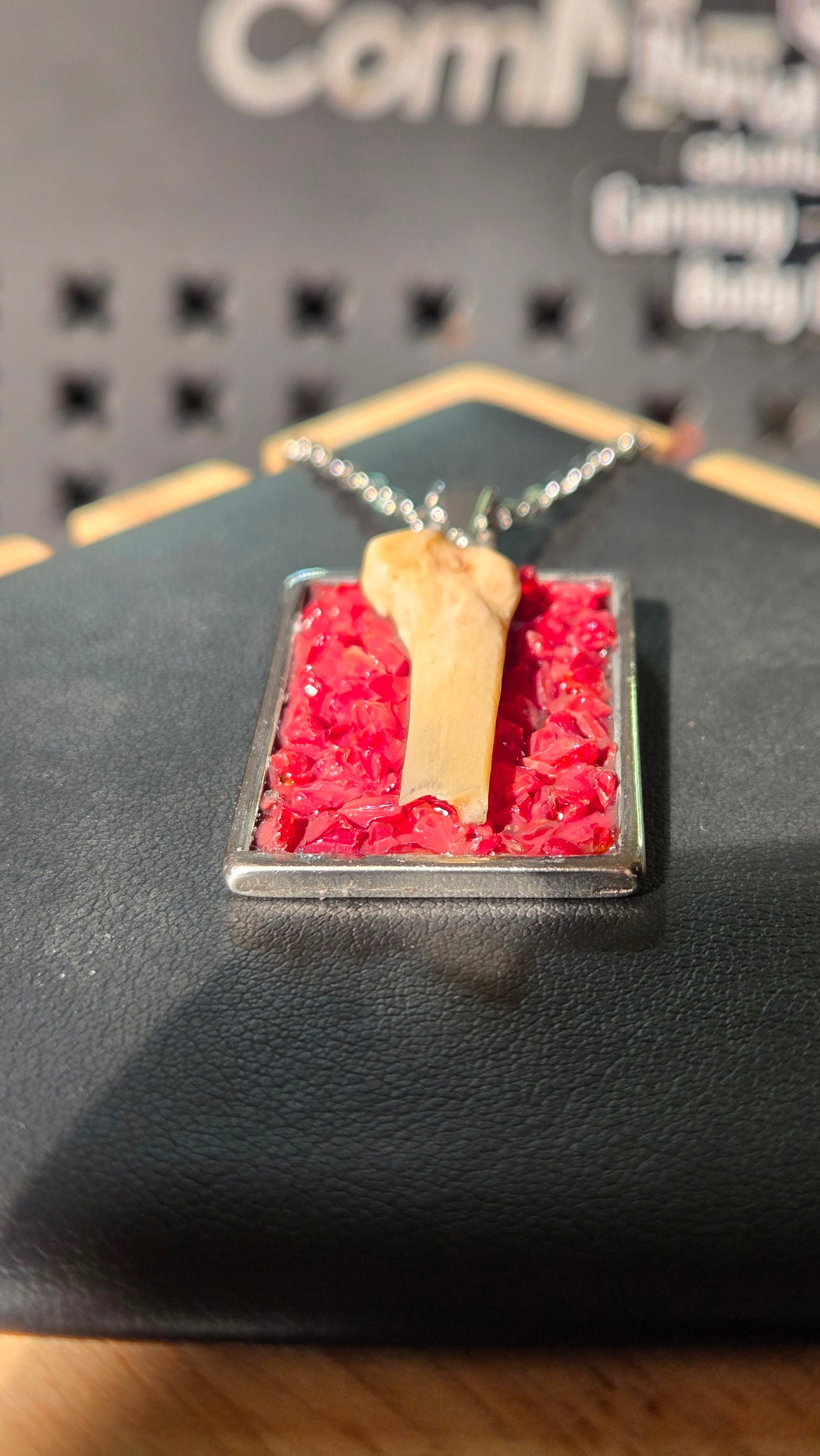 Bone & Ruby Glass Pendant – Found Object Jewelry
