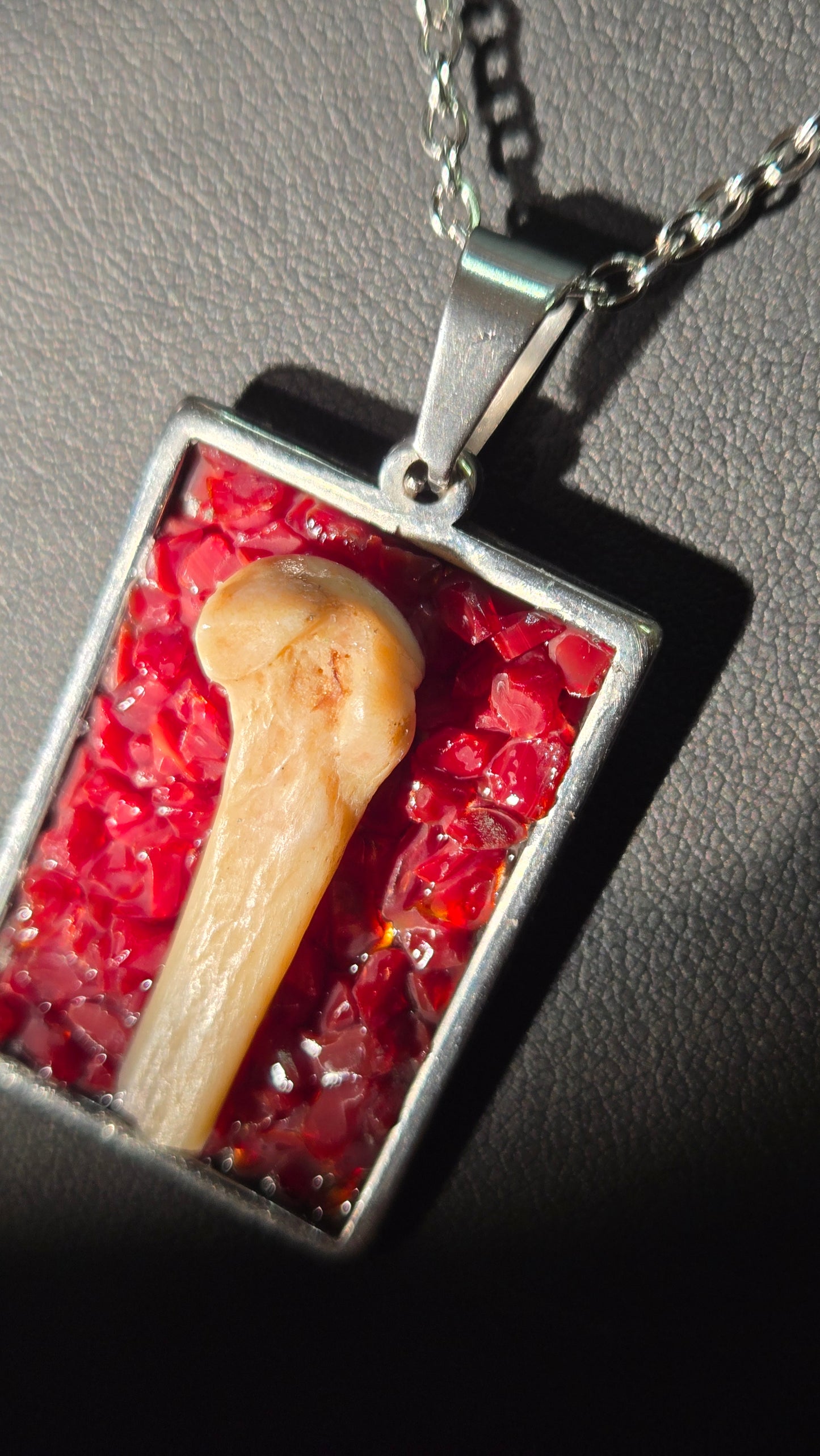 Bone & Ruby Glass Pendant – Found Object Jewelry
